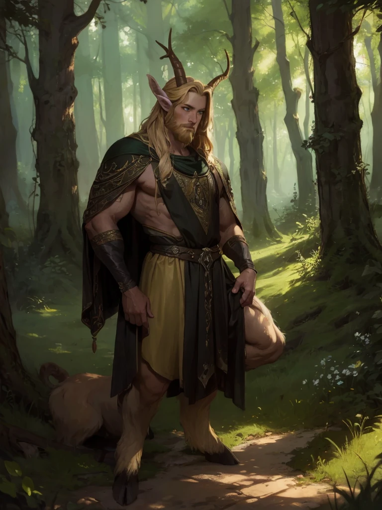 A faun man in the forest, satyr, man, fantasy(masterpiece, best quality, photorealistic, detailed shiny skin:1.2), flawless, 8k, RAW, highres, (dark night:1.1), goat legs, furr legs, hooved, goat horns, beard, long black hair, looking at viewer, cinematic, dark background, medieval, muscles, open ches5, fantasy, (absurdes), attractive, long blonde hair, golden eyes, sexy