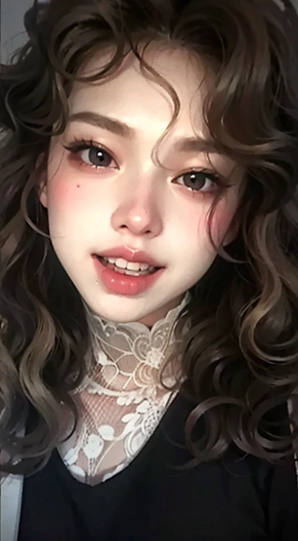there a woman with a face painted pink and a black dress, el corte de hime, ulzzang, con pelo largo y ojos penetrantes, bella delfina, japanese gyaru portrait, peinado kawaii, pelo harajuku, long brown hair with bangs, retrato realista kawaii, ilya kuvshinov con pelo largo, peinado de dos colas, peinado kawaii
