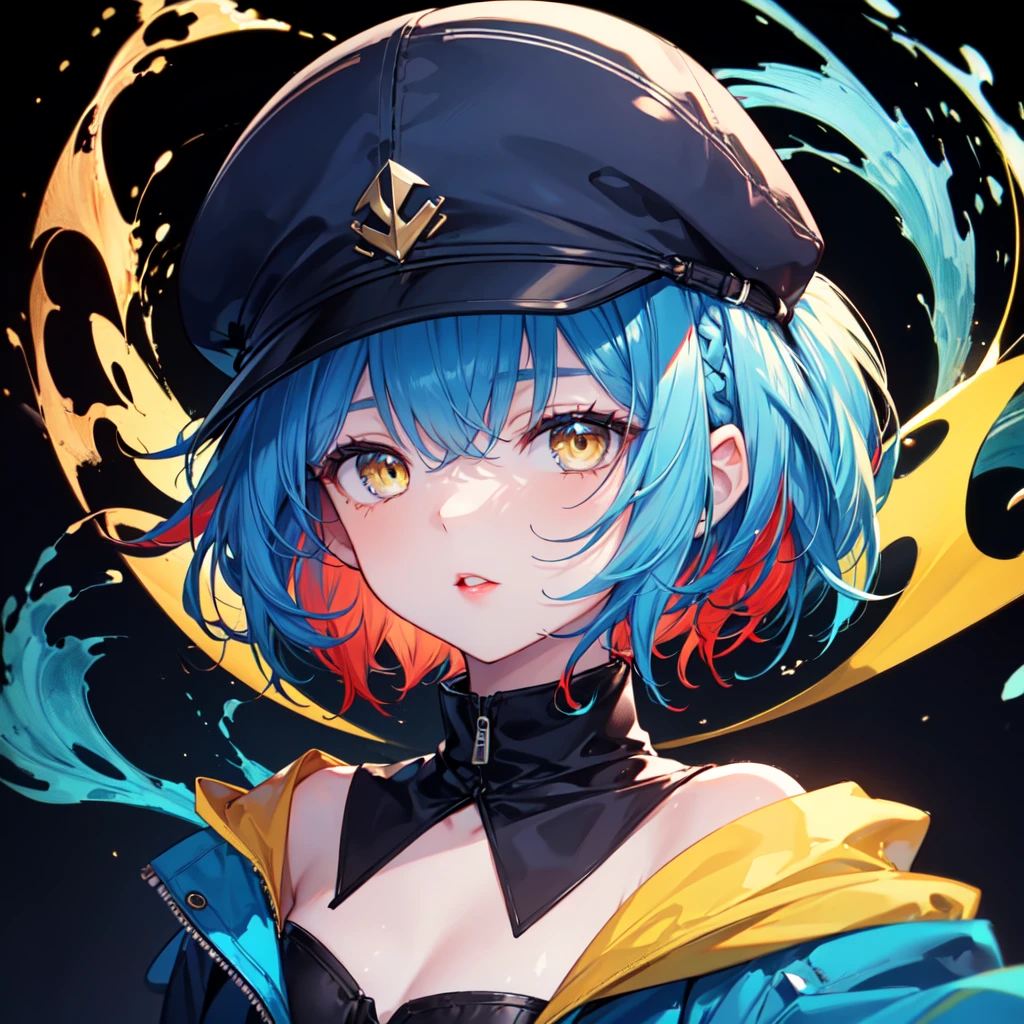 (8K, Highest quality, Highest quality, masterpiece), 17 age old girl, face focus, black background, yellow eyes, red lips, (((blue hair, mid short hair, blue cap)))