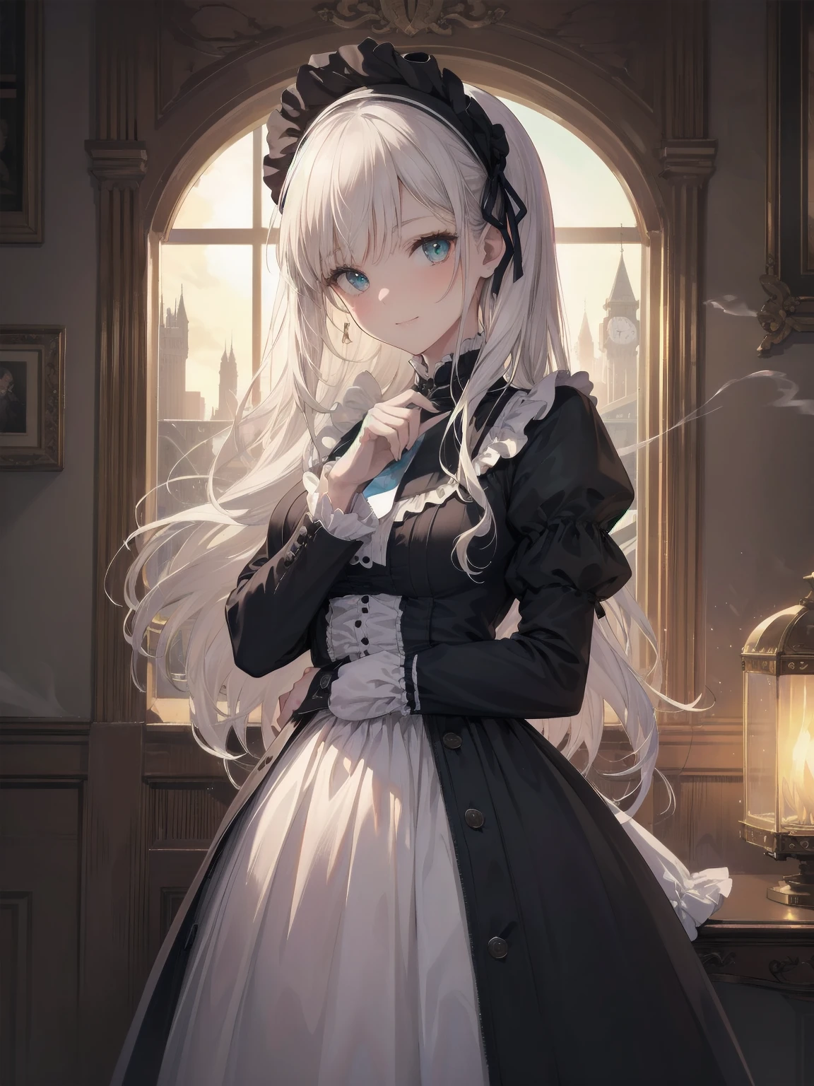 (Highest quality、16K、masterpiece、Ultra-high resolution、Victorian era、Photorealistic:1.2)、A delicate Lolita girl, aged 13, stands on a castle balcony at dusk, surrounded by the city's skyline and steampunk contraptions. Her platinum hair is messy, framing her androgynous charm. She wears a flowing white dress with a light green tie and holds a pocket watch in hand. A subtle smile plays on her lips as she gazes out at the night view, her eyes shining like sapphires. The air is filled with steam spewing from pipes, adding to the surreal atmosphere. Her skin glows with an ultra-dense texture, and her fingers are full and detailed.