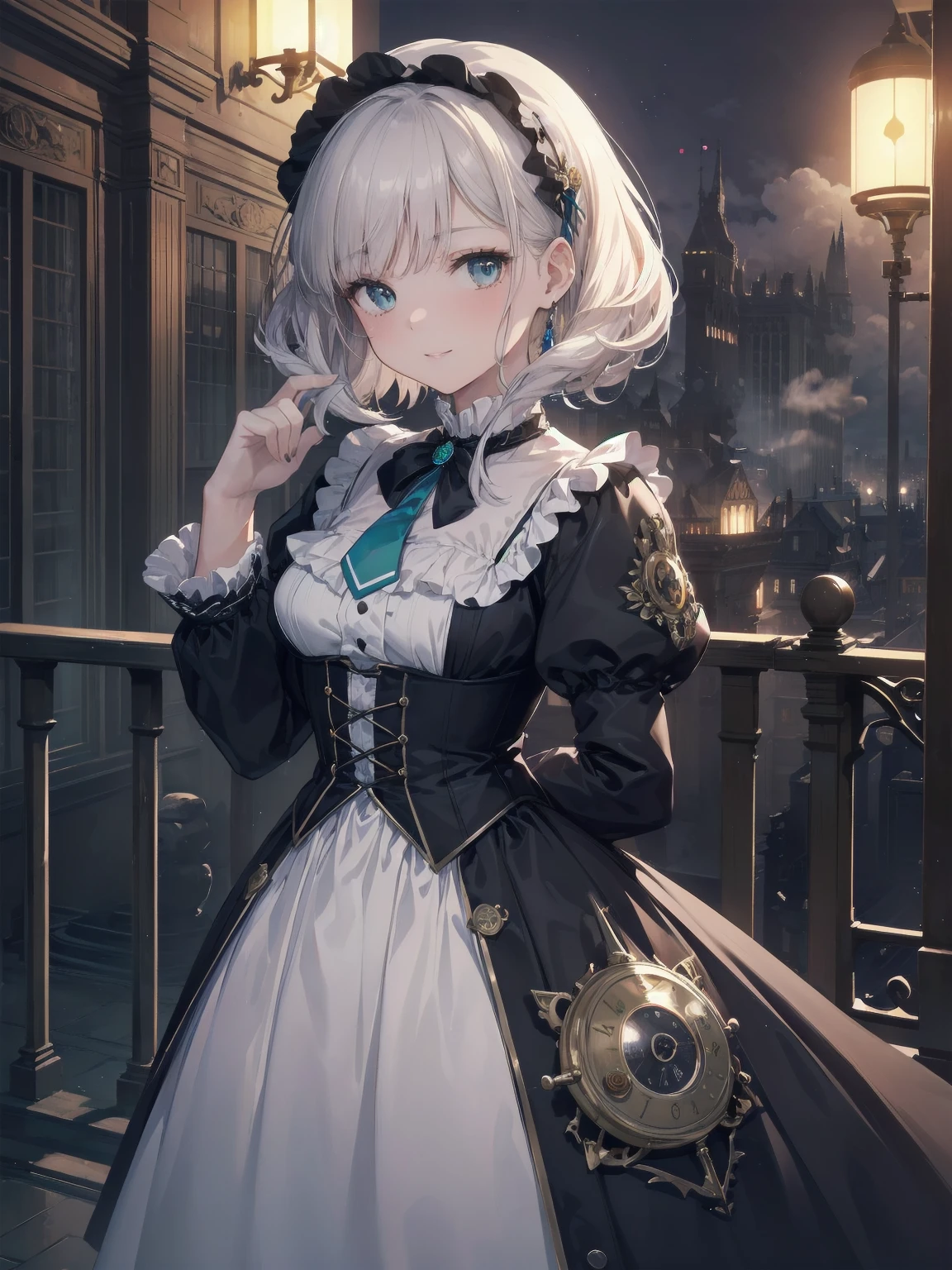 (Highest quality、16K、masterpiece、Ultra-high resolution、Victorian era、Photorealistic:1.2)、A delicate Lolita girl, , stands on a castle balcony at dusk, surrounded by the city's skyline and steampunk contraptions. Her platinum hair is messy, framing her androgynous charm. She wears a flowing white dress with a light green tie and holds a pocket watch in hand. A subtle smile plays on her lips as she gazes out at the night view, her eyes shining like sapphires. The air is filled with steam spewing from pipes, adding to the surreal atmosphere. Her skin glows with an ultra-dense texture, and her fingers are full and detailed.
