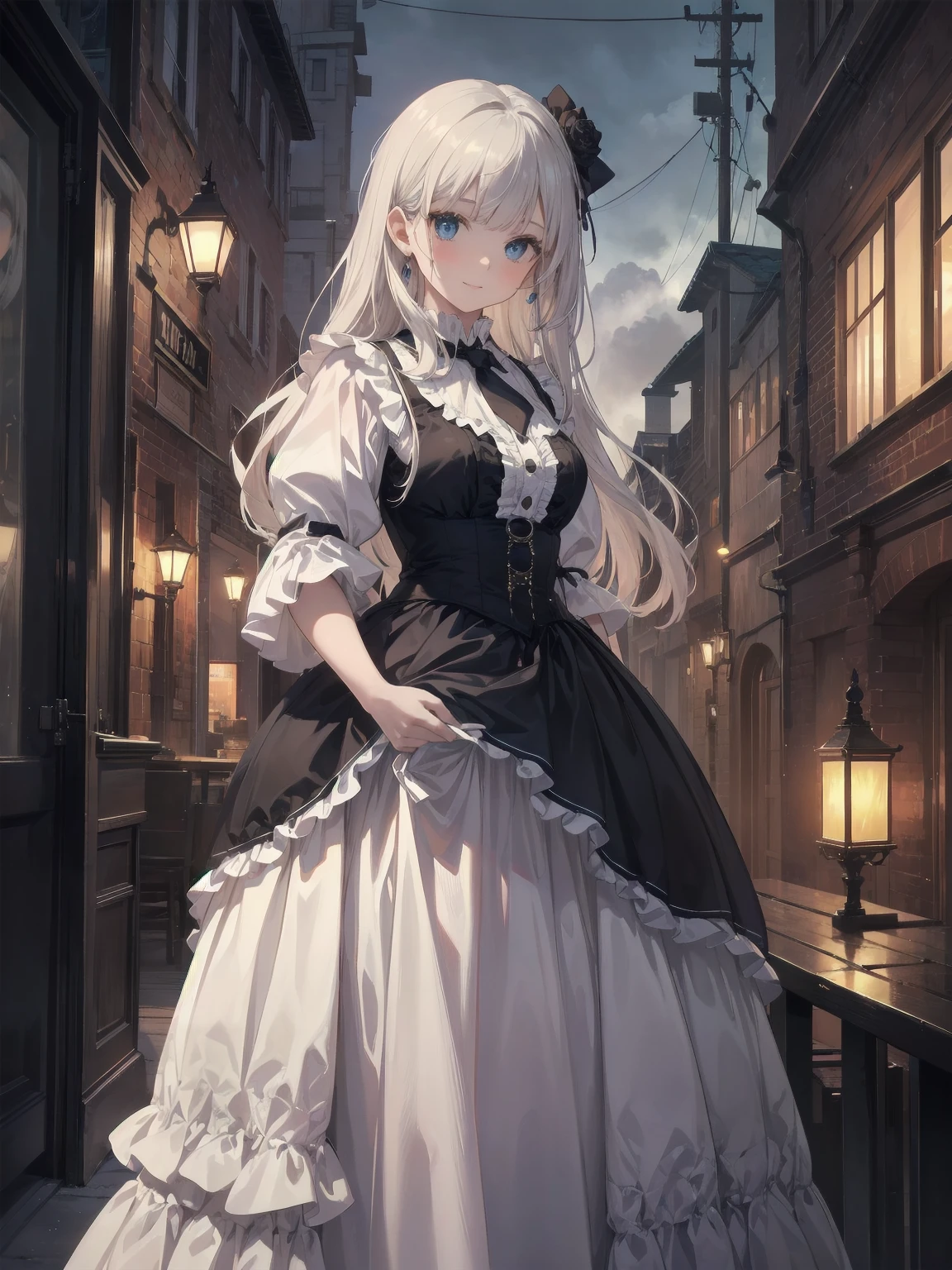 (Highest quality、16K、masterpiece、Ultra-high resolution、Victorian era、Photorealistic:1.2)、A delicate Lolita girl, aged 13, stands on a castle balcony at dusk, surrounded by the city's skyline and steampunk contraptions. Her platinum hair is messy, framing her androgynous charm. She wears a flowing white dress with a light green tie and holds a pocket watch in hand. A subtle smile plays on her lips as she gazes out at the night view, her eyes shining like sapphires. The air is filled with steam spewing from pipes, adding to the surreal atmosphere. Her skin glows with an ultra-dense texture, and her fingers are full and detailed.