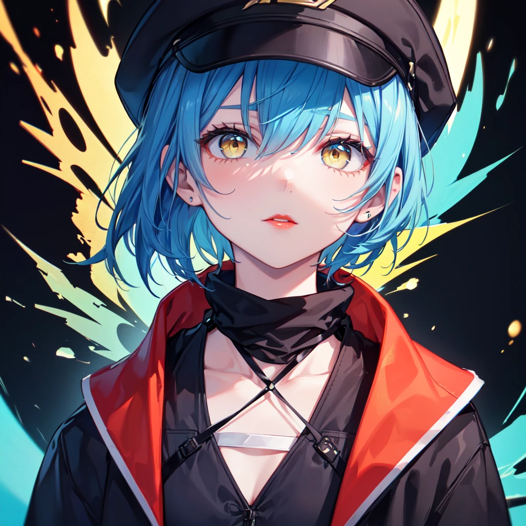 (8K, Highest quality, Highest quality, masterpiece), 17 age old girl, face focus, black background, yellow eyes, red lips, (((blue hair, mid short hair, blue cap)))