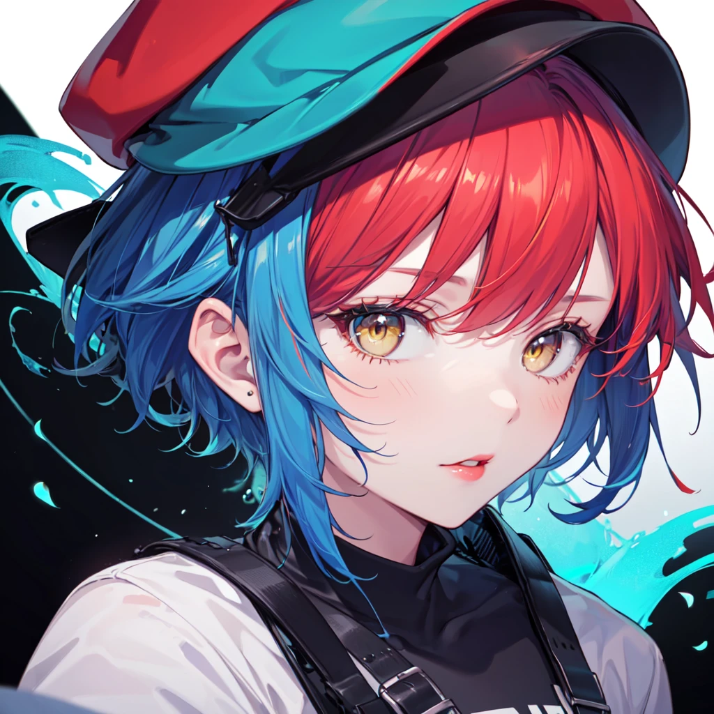 (8K, Highest quality, Highest quality, masterpiece), 17 age old girl, face focus, black background, yellow eyes, red lips, (((blue hair, mid short hair, blue cap)))