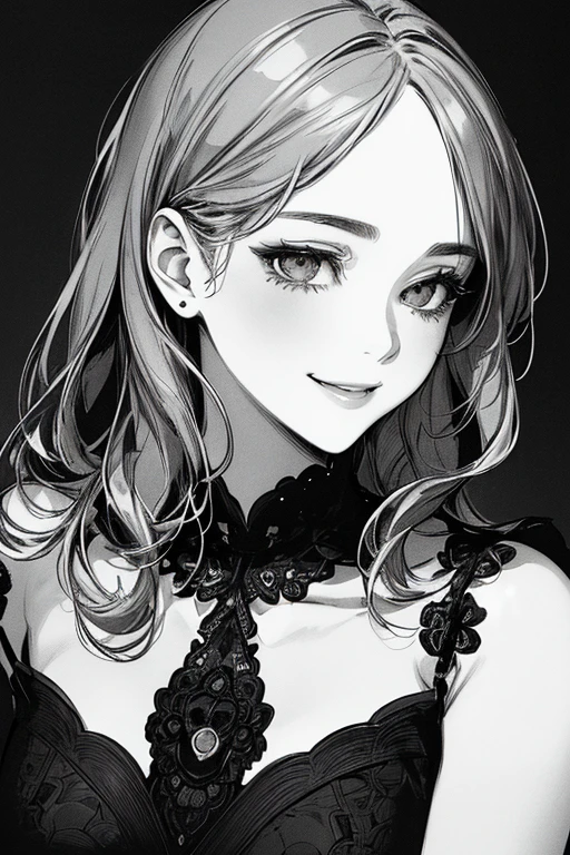 Highest quality, (Background details), High Contrast, Very beautiful woman, Detailed original illustrations、functional、Delicate face、Charm、Active、Cheerful、smile、sexy、Real breasts、Head close-up, Black background, (Black background: 1.5), Beautiful line art、Monochrome