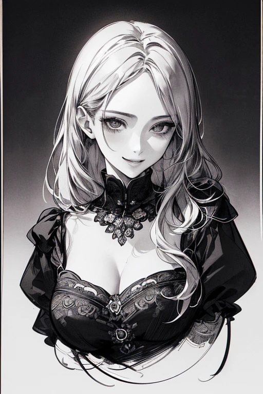 Highest quality, (Background details), High Contrast, Very beautiful woman, Detailed original illustrations、functional、Delicate face、Charm、Active、Cheerful、smile、sexy、Real breasts、Head close-up, Black background, (Black background: 1.5), Beautiful line art、Monochrome