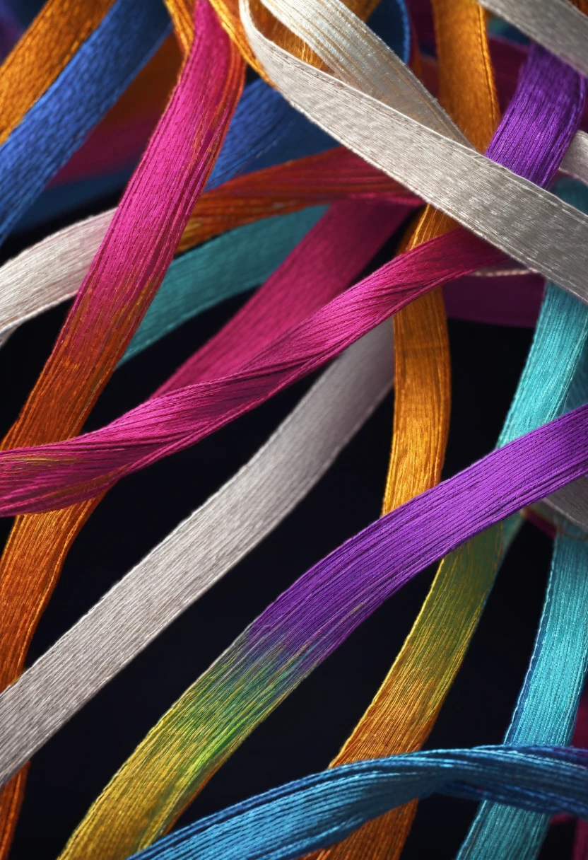 colored threads becoming cotton woven ribbon with texture and relive, render, 8k
