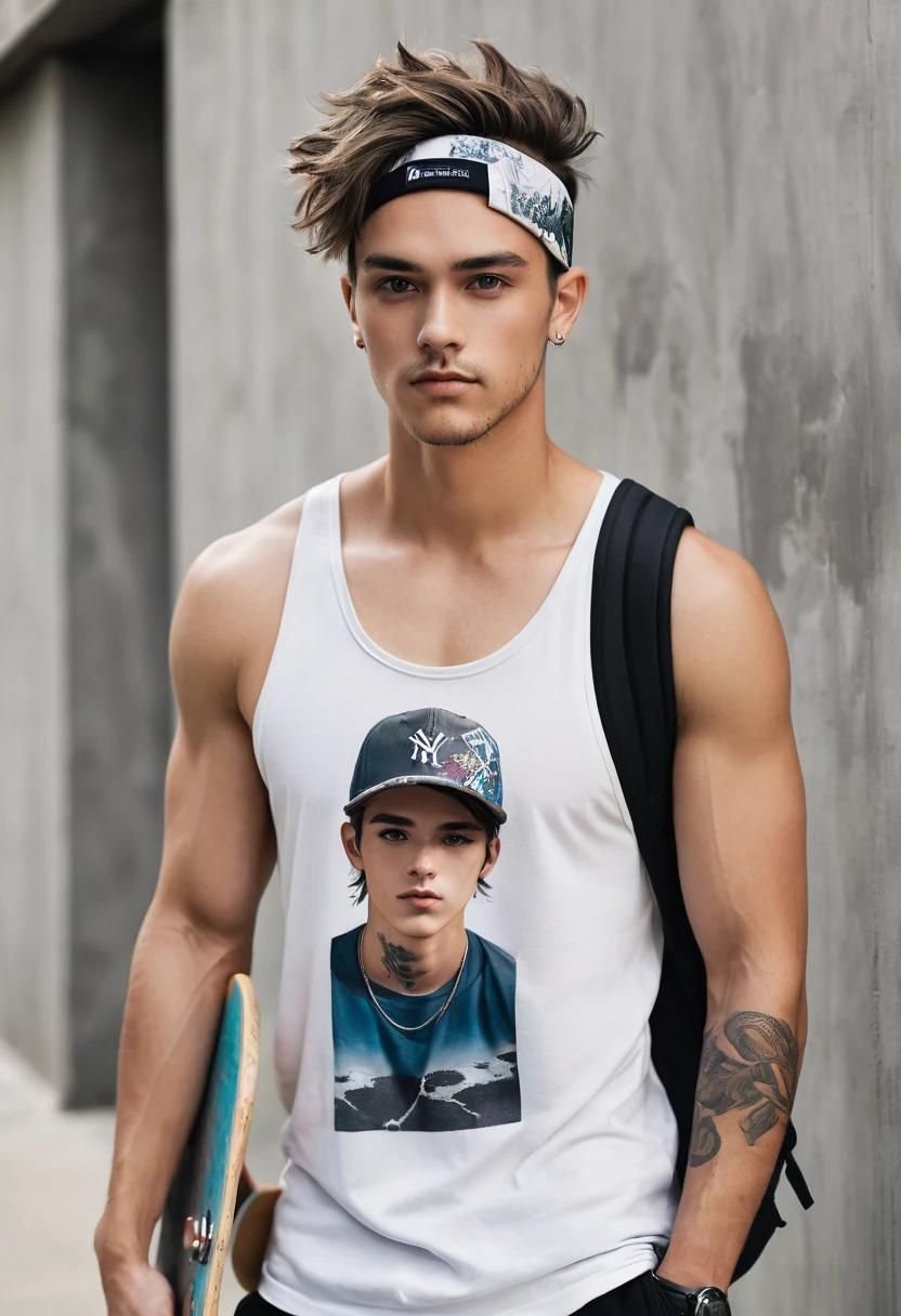 The image shows a young man with a casual, skater-inspired style. He has a lean build with toned arms, and his dark hair is styled in a spiky updo, held back by a black headband. He has piercing dark eyes, a prominent jawline, and a hint of stubble, giving him a ruggedly handsome look. He is wearing a white tank top featuring a graphic print of a baseball cap and abstract designs. The tank top reveals a tattoo on his left shoulder and another one peeking out from under his shirt on his right side. He has paired the tank top with black athletic shorts and a black backpack with a visible strap. He is holding a skateboard in one hand and a cigarette in the other, further emphasizing the skater aesthetic. He stands against a weathered gray wall, creating a neutral backdrop that highlights his features and style. His expression is neutral, with a hint of coolness, adding to his overall effortless vibe.