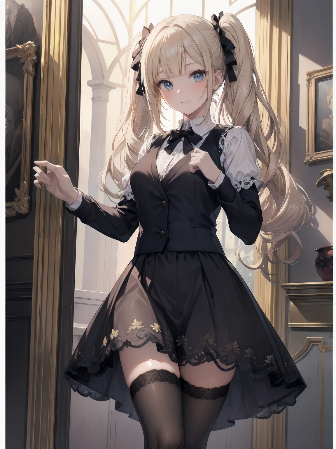 A lavish, photorealistic illustration of Soro, a charming 19th-century maiden, exudes elegance in a masterfully crafted scene. Framed by a ornate, gilded archway, she stands poised, her twintails adorned with sparkling bows, her cardigan vest and short-sleeved shirt perfectly complementing her plaid skirt. Over black legwear, her loafers add a touch of whimsy. A radiant smile spreads across her face, her eyes sparkling like diamonds in the soft, golden light. Every detail, from the intricate lace trim to the delicate folds of her garments, is meticulously rendered by a master illustrator's hand, Dynamic angle shooting by Spielberg、Audrey Hepburn&#39;s acting instruction: Dynamic poses