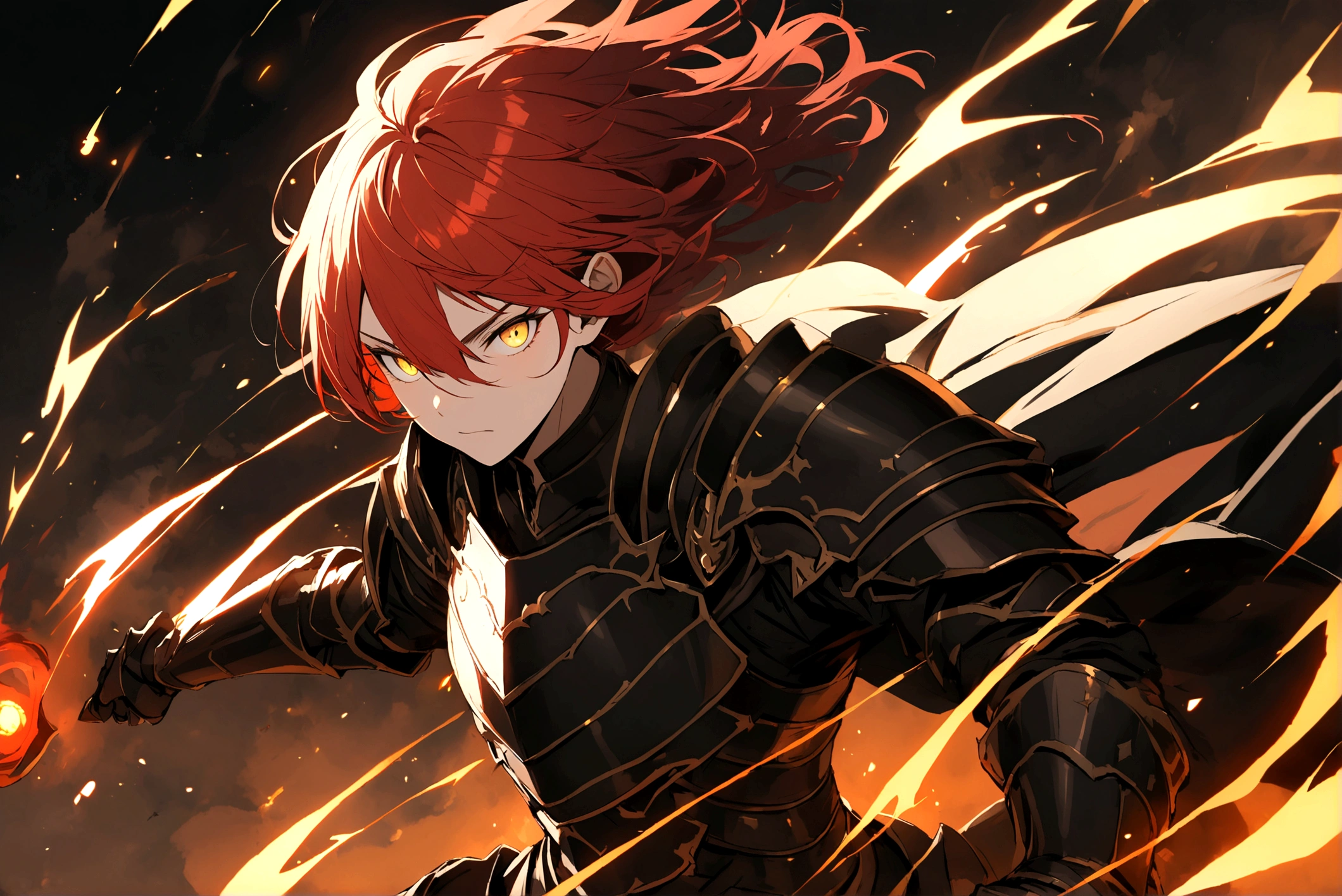 A warrior with dark black armor, red hair, and yellow eyes