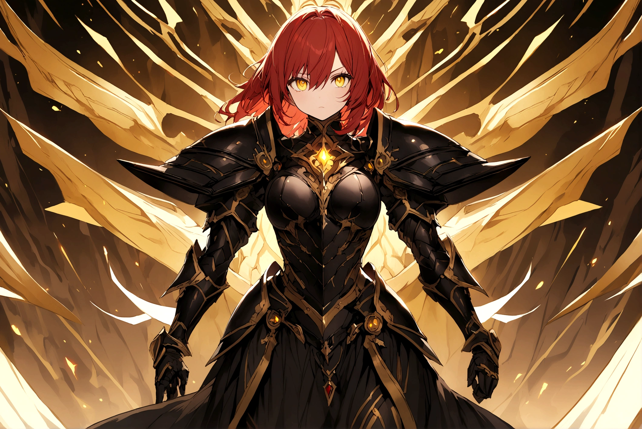 A warrior with dark black armor, red hair, and yellow eyes