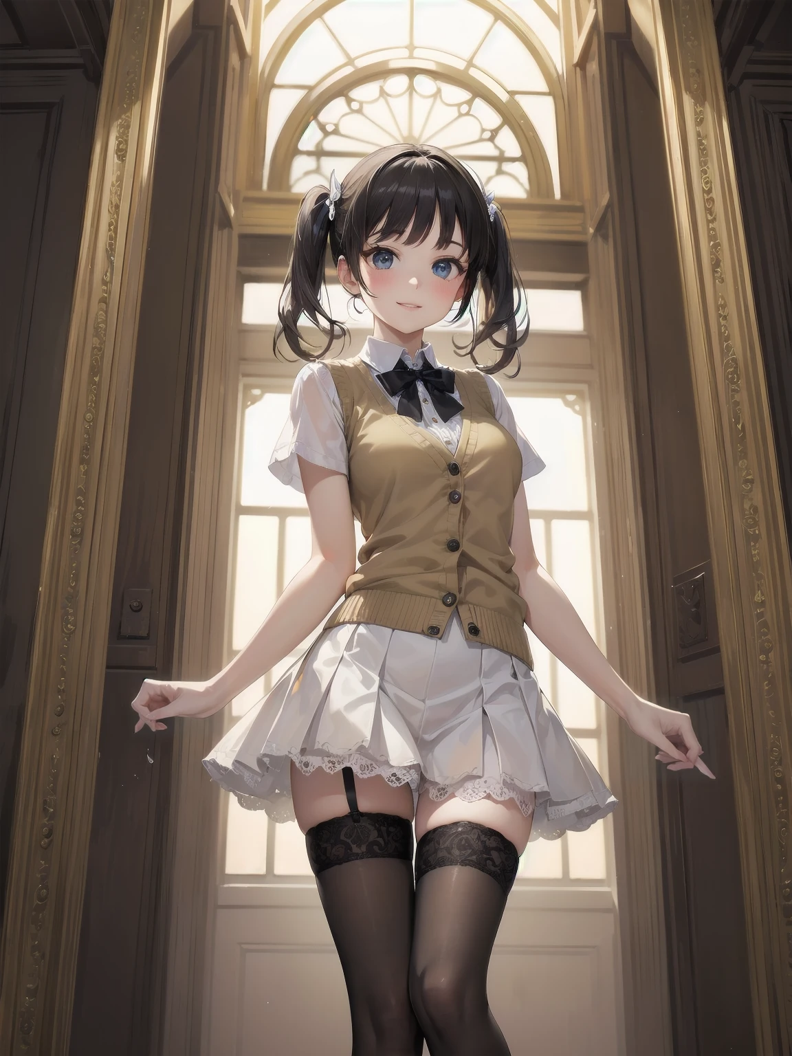 A lavish, photorealistic illustration of Soro, a charming 19th-century maiden, exudes elegance in a masterfully crafted scene. Framed by a ornate, gilded archway, she stands poised, her twintails adorned with sparkling bows, her cardigan vest and short-sleeved shirt perfectly complementing her plaid skirt. Over black legwear, her loafers add a touch of whimsy. A radiant smile spreads across her face, her eyes sparkling like diamonds in the soft, golden light. Every detail, from the intricate lace trim to the delicate folds of her garments, is meticulously rendered by a master illustrator's hand, Dynamic angle shooting by Spielberg、Audrey Hepburn's acting instruction: Dynamic poses