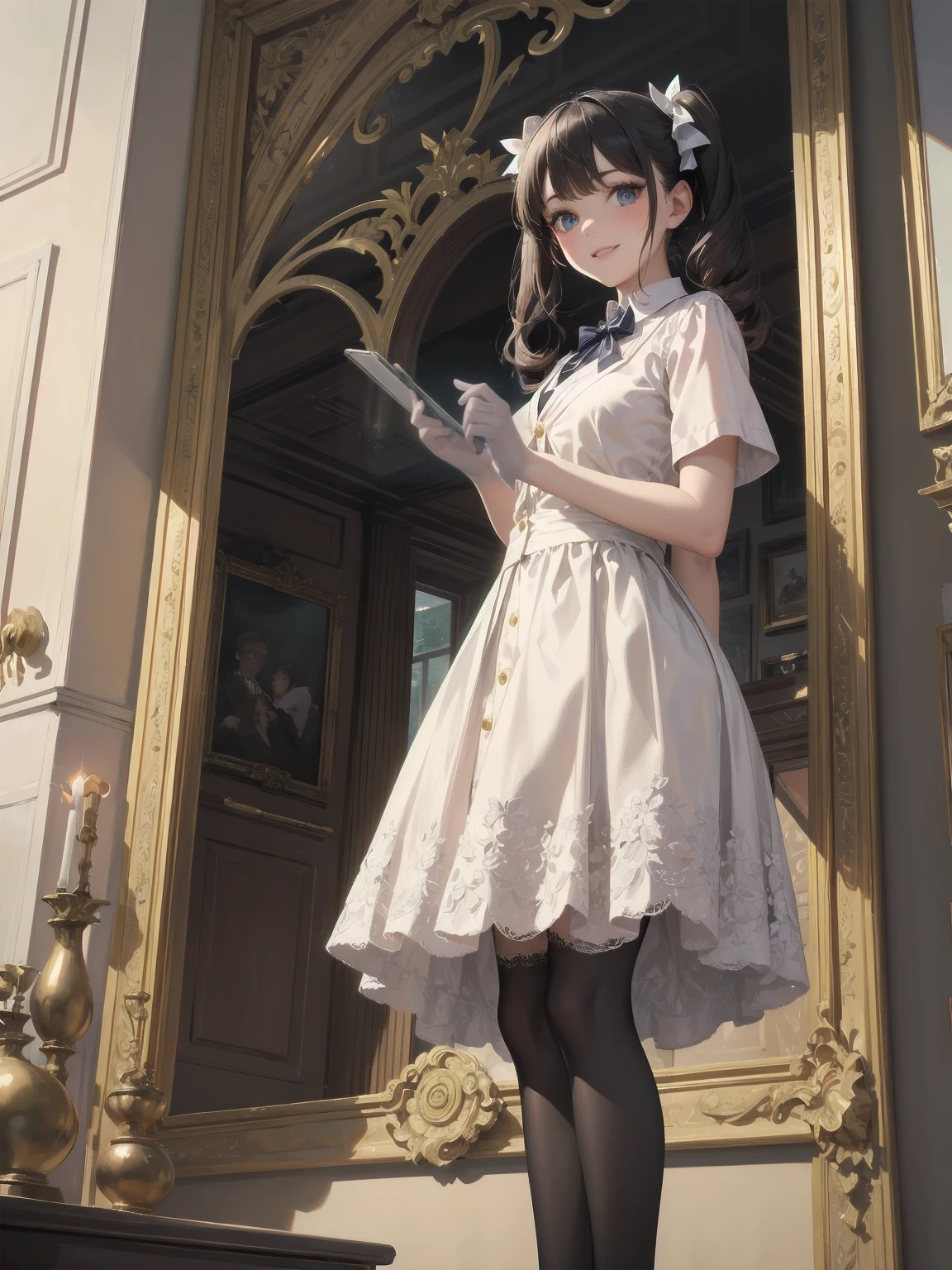 A lavish, photorealistic illustration of Soro, a charming 19th-century maiden, exudes elegance in a masterfully crafted scene. Framed by a ornate, gilded archway, she stands poised, her twintails adorned with sparkling bows, her cardigan vest and short-sleeved shirt perfectly complementing her plaid skirt. Over black legwear, her loafers add a touch of whimsy. A radiant smile spreads across her face, her eyes sparkling like diamonds in the soft, golden light. Every detail, from the intricate lace trim to the delicate folds of her garments, is meticulously rendered by a master illustrator's hand, Dynamic angle shooting by Spielberg、Audrey Hepburn's acting instruction: Dynamic poses