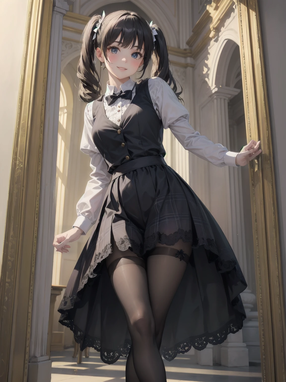 A lavish, photorealistic illustration of Soro, a charming 19th-century maiden, exudes elegance in a masterfully crafted scene. Framed by a ornate, gilded archway, she stands poised, her twintails adorned with sparkling bows, her cardigan vest and short-sleeved shirt perfectly complementing her plaid skirt. Over black legwear, her loafers add a touch of whimsy. A radiant smile spreads across her face, her eyes sparkling like diamonds in the soft, golden light. Every detail, from the intricate lace trim to the delicate folds of her garments, is meticulously rendered by a master illustrator's hand, Dynamic angle shooting by Spielberg、Audrey Hepburn&#39;s acting instruction: Dynamic poses