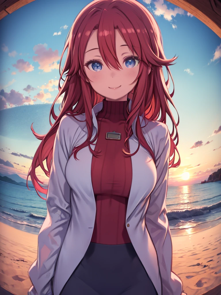 One Woman、Sandy Beach、Standing with the sunset behind me、Big Breasts、Smiling、Upper Body、Red Hair、long hair、Hair between the eyes、Blue Eyes、Red color turtleneck sweater、Lip sweater、Leaning body、Watching the audience、sunset、Magic Hour、Fisheye Lens、