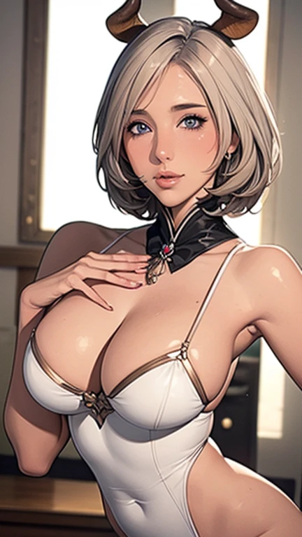 {{{nsfw:1.5}}},(Best quality:1.1),{{{nude:1.5}}}, (Masterpiece:1.4), (Illustration fantastique:1.2), 1fille, cute girl, Short white hair, cow horns, cow ears, cow tail, bell, cow costume, Big breasts:1.4, skinny body:1.4, clothes like spotted cowhide,{{{{{pubic Tattoo:1.5}}}}},