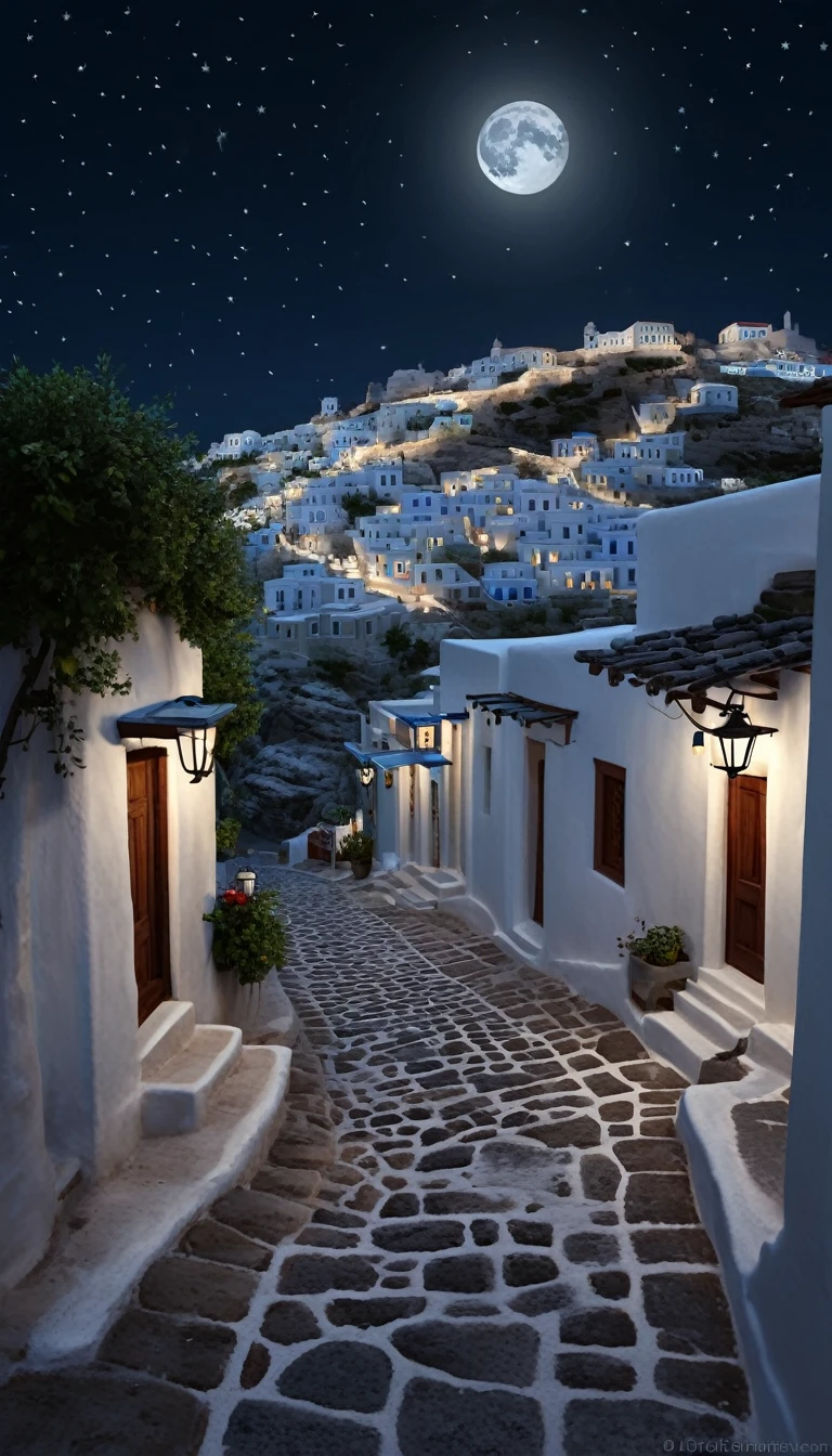 Full moon casting a soft glow on a Greek traditional village at night, white-washed houses adorned with softly glowing lanterns, cobblestone paths bathed in dim light, stars twinkling above, composition balanced with ambient occlusion, high dynamic range, capturing the scene in a cinematic style by Theodora, digital painting, ultra-realistic, dramatic lighting