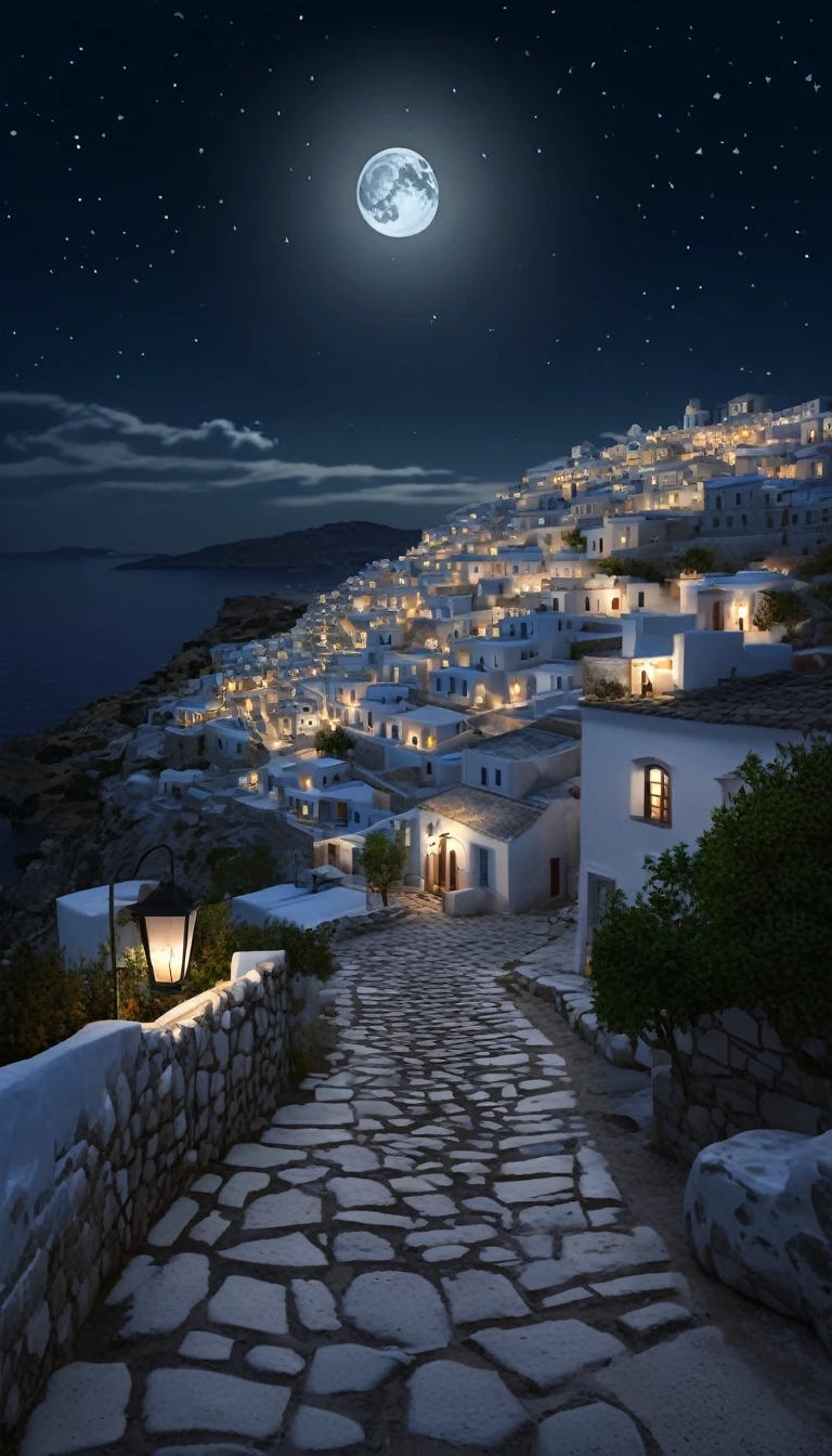 Full moon casting a soft glow on a Greek traditional village at night, white-washed houses adorned with softly glowing lanterns, cobblestone paths bathed in dim light, stars twinkling above, composition balanced with ambient occlusion, high dynamic range, capturing the scene in a cinematic style by Theodora, digital painting, ultra-realistic, dramatic lighting