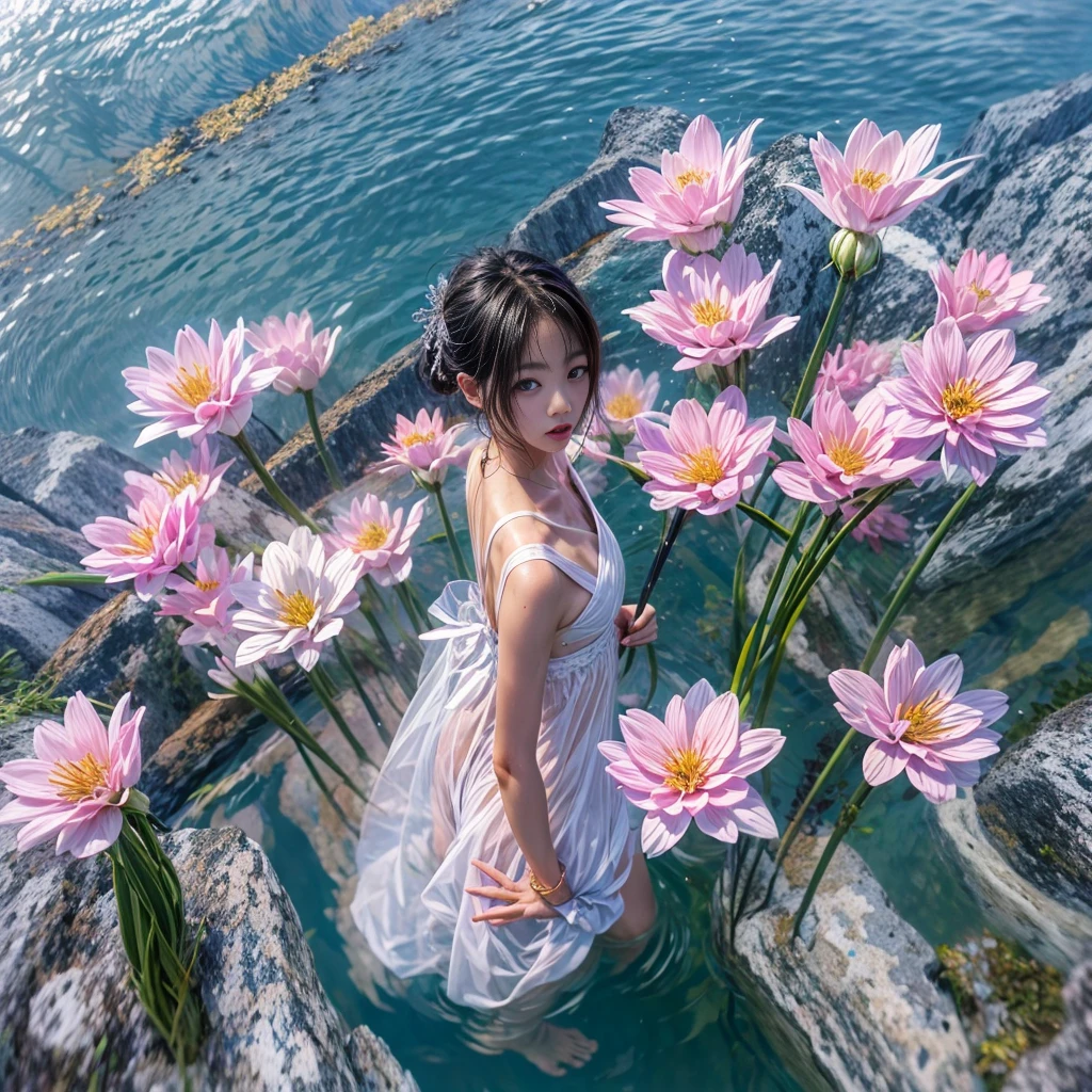 ExtremelyDetailed(ProfessionalPhoto of Girl Floating in the Sky:1.37), 280th floor infinity pool,The tallest building in the urban forest, {Around bonsai|Luo Han Song|coconut palms|tulips|Rose flower}, (Masterpiece 8K TopQuality:1.2), ExtremelyDetailed KAWAII face Eyes BREAK Detailed impeccable Radiant PearlSkin with Transparency (Skinny SchoolSwimwear:1.28) beautiful graceful {HiddenHand|Corrected BabyLikeHand} (Whole Body Proportions and all limbs are Anatomically Accurate), Full of Flowers