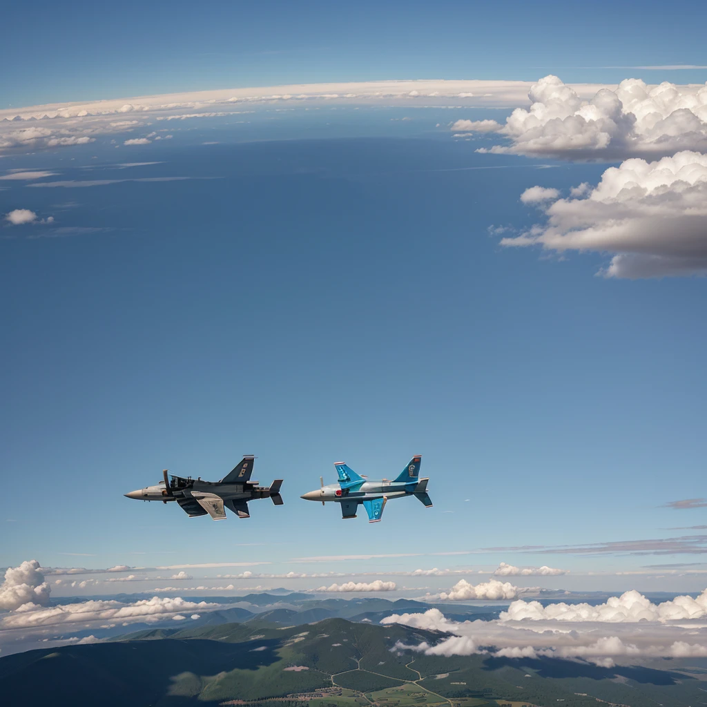 Two Su-27s fly side by side in the sky
