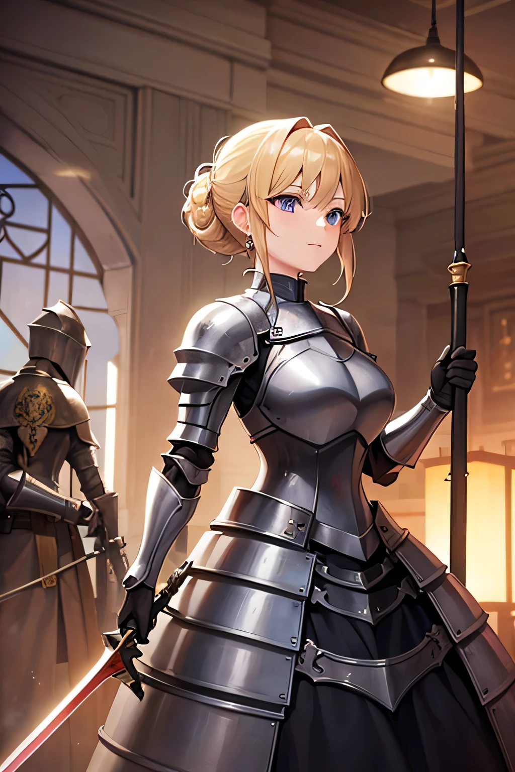 Beautiful 20 year old woman, blond updo, holy knight, Iron armor、battlefield、Swinging the Sword