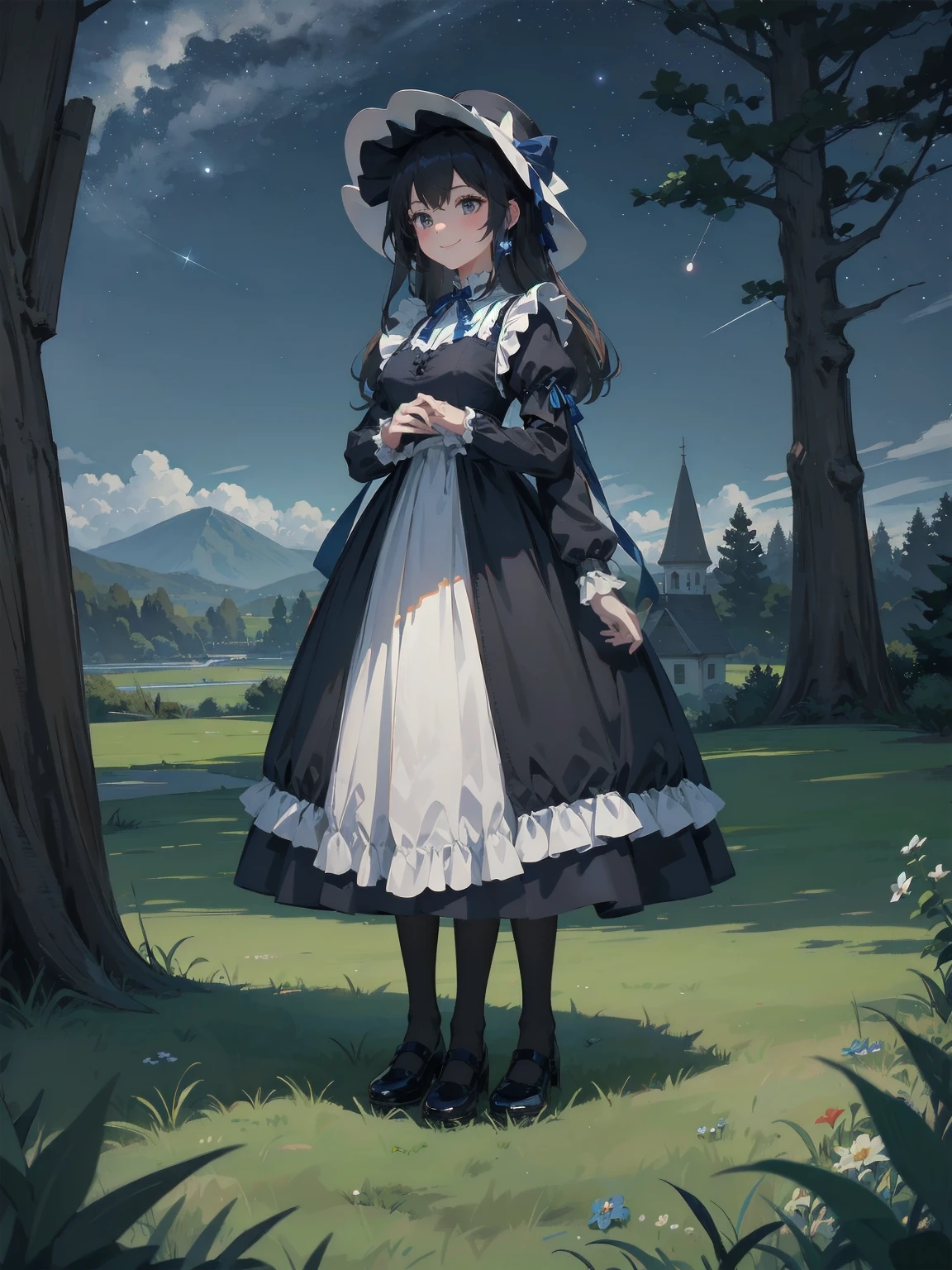 A serene outdoor scene unfolds at dusk, with a brilliant blue sky transitioning into a canvas of twinkling stars. A beautiful young girl, dressed in a stunning white and black gothic maid dress adorned with a navy blue ribbon, stands amidst lush green grass. Her companion, a delightful toddler, dons a charming maid hat with ruby accessories, complemented by black stockings and shoes. The little one beams with joy, smiling brightly as they gaze up at the celestial display together
