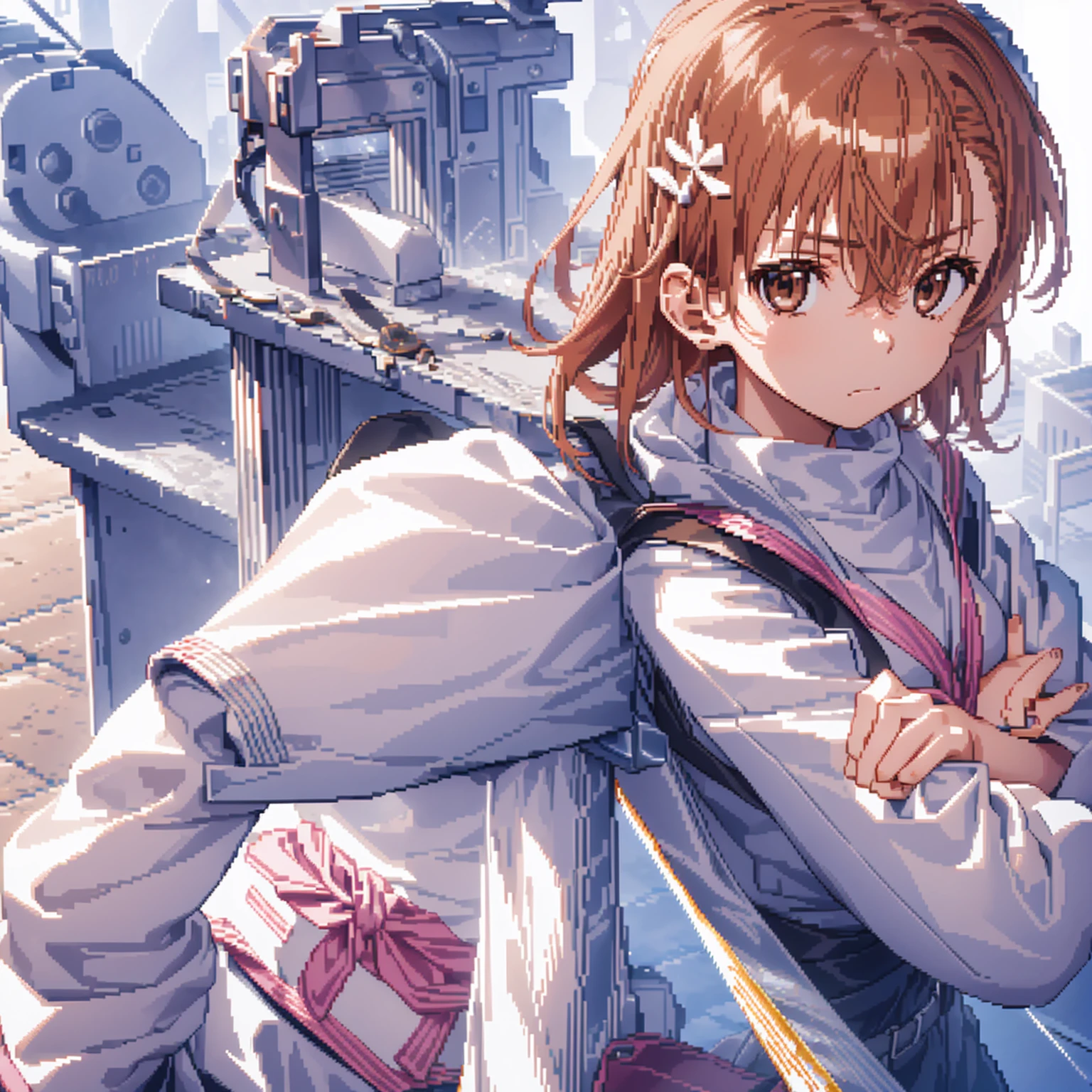 (((pixel-perfect, detail-perfect))), solo, 1girl, misaka mikoto, tokiwadai , bow, looking at viewer, crossed arms, closed mouth, upper body