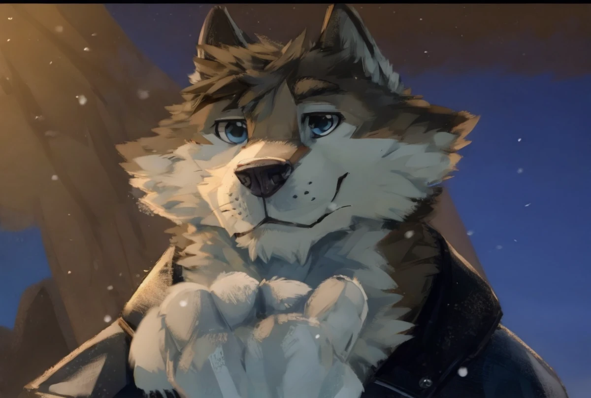 Engrilklenus, husky dog, arctic, strong, muscular, leather jacket, winter pants, snow boots, tail, white paws, black and white fur, star patch
