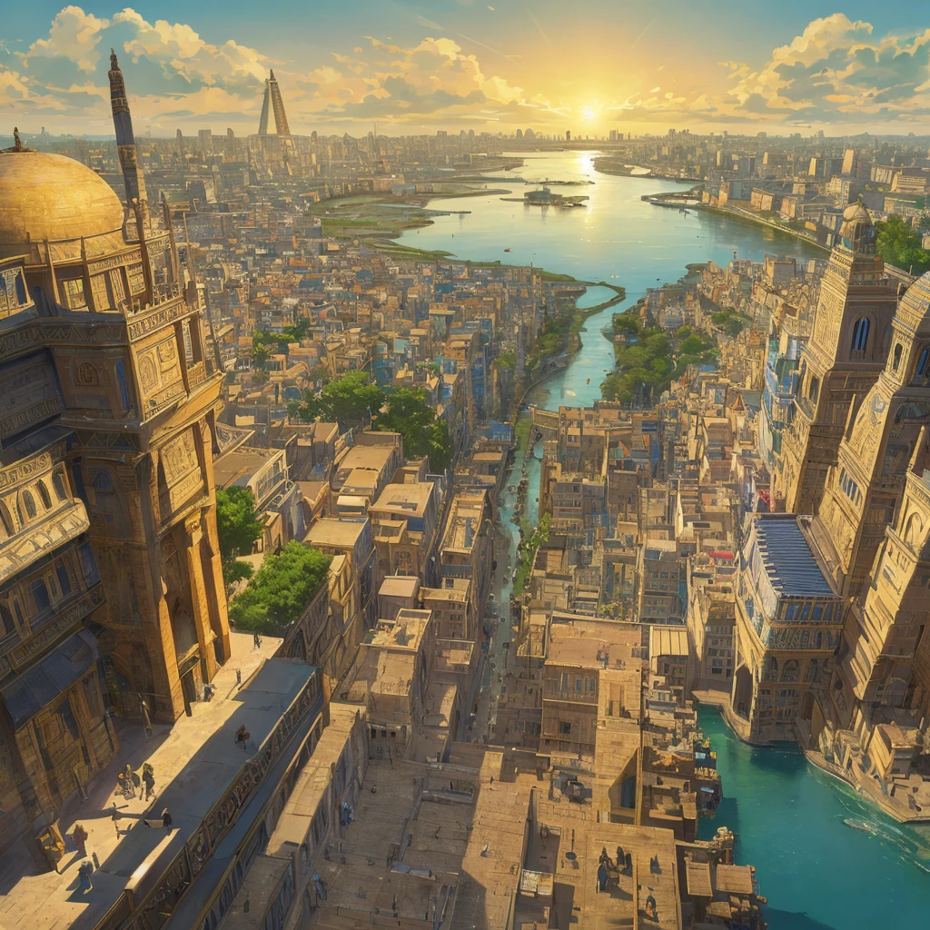 panoramic view of an Egyptian city with the Nile River in the middle, colorful ancient egyptian city, colorful city in ancient Egypt, ancient city, ancient persian city, in a large Mesopotamian city, ancient city landscape, ancient civilization, huge temple city , Egyptian environment, Kuno, egyptian setting, cities of mesopotamia, Anubis statue, population
