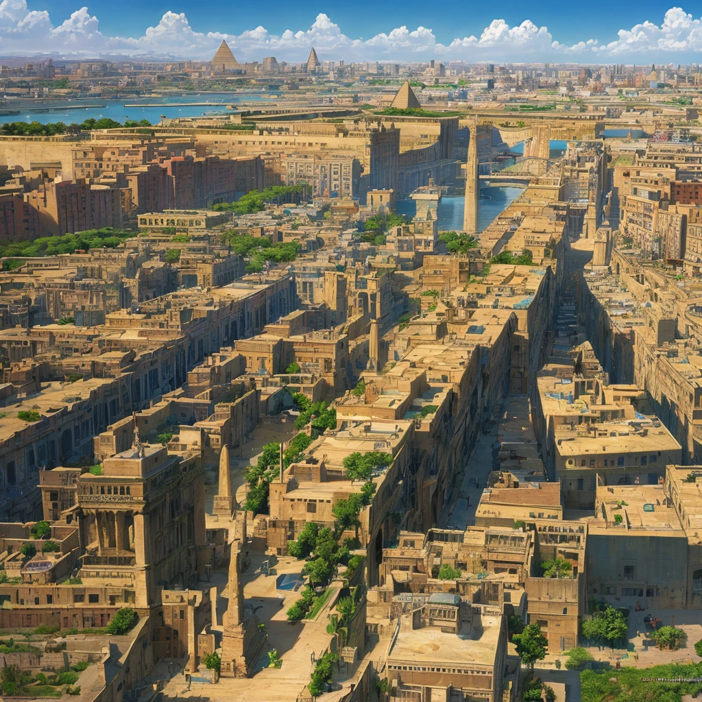 panoramic view of an Egyptian city with the Nile River in the middle, colorful ancient egyptian city, colorful city in ancient Egypt, ancient city, ancient persian city, in a large Mesopotamian city, ancient city landscape, ancient civilization, huge temple city , Egyptian environment, Kuno, egyptian setting, cities of mesopotamia, Anubis statue, population 