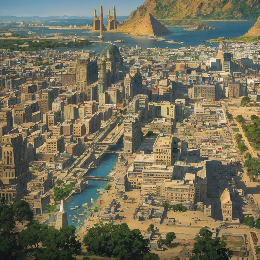 panoramic view of an Egyptian city with the Nile River in the middle, colorful ancient egyptian city, colorful city in ancient Egypt, ancient city, ancient persian city, in a large Mesopotamian city, ancient city landscape, ancient civilization, huge temple city , Egyptian environment, Kuno, egyptian setting, cities of mesopotamia, Anubis statue, population 