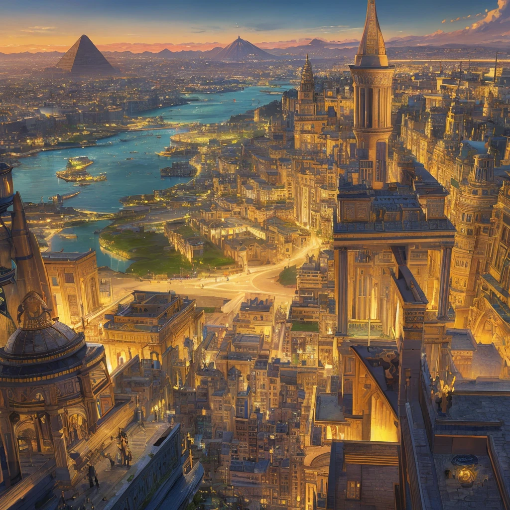 panoramic view of an Egyptian city with the Nile River in the middle, colorful ancient egyptian city, colorful city in ancient Egypt, ancient city, ancient persian city, in a large Mesopotamian city, ancient city landscape, ancient civilization, huge temple city , Egyptian environment, Kuno, egyptian setting, cities of mesopotamia, Anubis statue, population