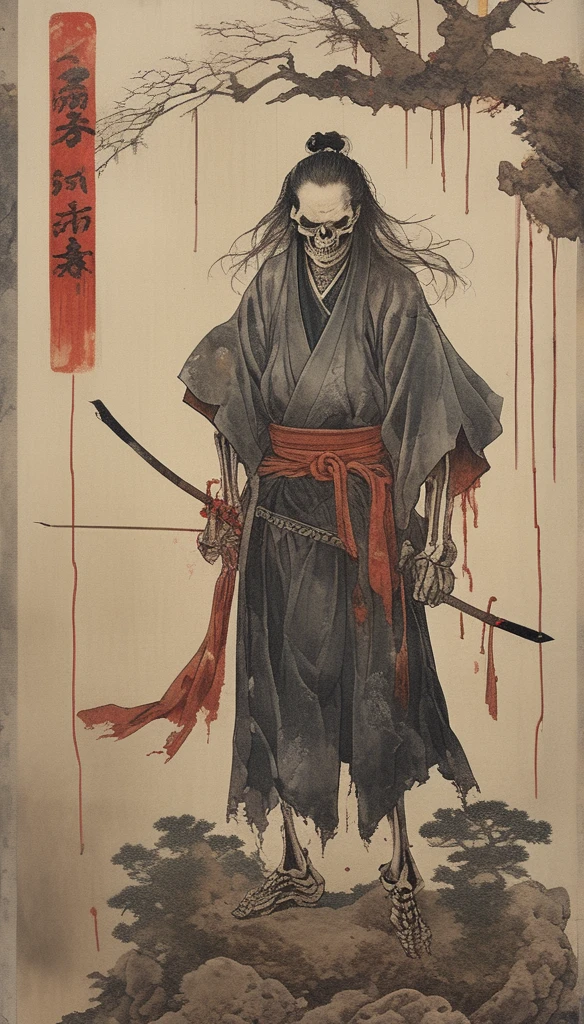 japanese line art , a samurai( tied up to a wooden steak with several arrows stuck in him,:1.2) lower body missing visible skeletal structure , ripped rags, rope and bloody ground, black skies and large moon , floral damask background , in the style of takato yamamoto、masterpiece,best quality,absurdres,high details,8K,photorealistic,at distance,cowboy shot,1girl,amaizing body,long hair,makeup,outstretched arms,full body front photo,symmetrical pose,necromancer,bones ornament,graveyard,skeletons come out of the ground,creature,ancient,dark,evil,intricate, elegant, highly detailed, symmetry, magical atmosphere, sharp focus, majestic, very coherent, radiant, advanced, cinematic, artistic, fine detail, winning, beautiful, stunning, dramatic light, designed, rich deep colors, perfect professional background, ambient, tailored set composition