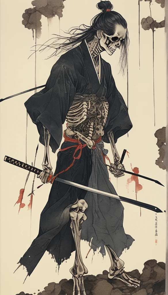 japanese line art    , a samurai( tied up  to a wooden steak with several arrows stuck in him,:1.2) lower body missing visible skeletal structure , ripped rags, rope and bloody ground, black skies and large moon , floral damask background ,  in the style of  takato yamamoto、masterpiece,best quality,absurdres,high details,8K,photorealistic,at distance,cowboy shot,1girl,amaizing body,long hair,makeup,outstretched arms,full body front photo,symmetrical pose,necromancer,bones ornament,graveyard,skeletons come out of the ground,creature,ancient,dark,evil,intricate, elegant, highly detailed, symmetry, magical atmosphere, sharp focus, majestic, very coherent, radiant, advanced, cinematic, artistic, fine detail, winning, beautiful, stunning, dramatic light, designed, rich deep colors, perfect professional background, ambient, tailored set composition