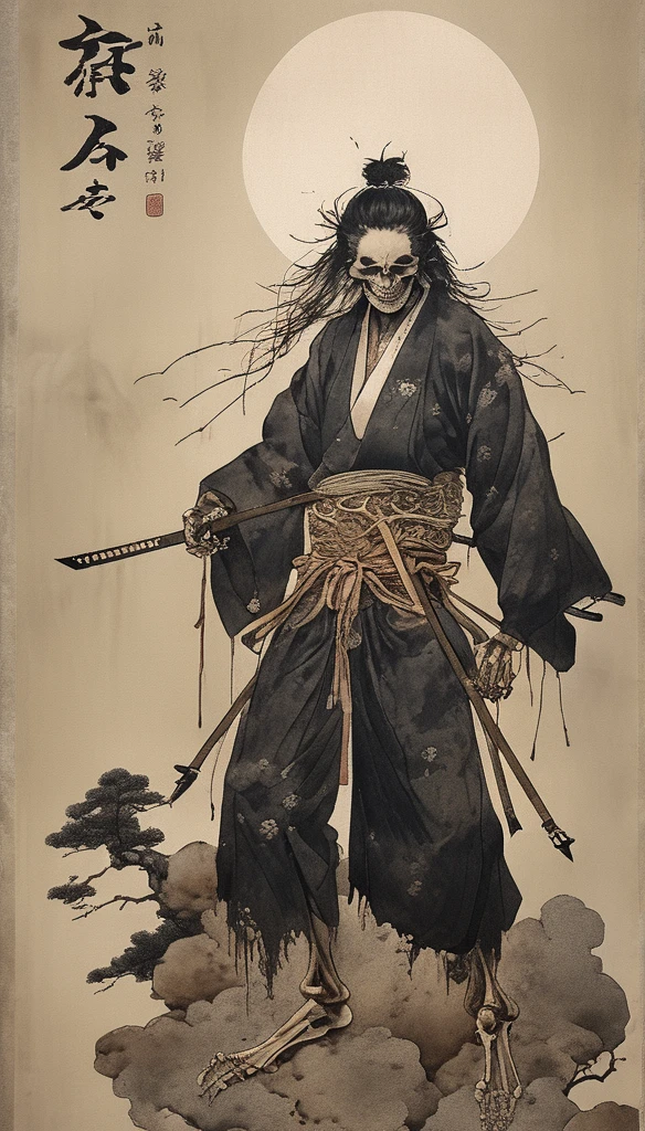 japanese line art , a samurai( tied up to a wooden steak with several arrows stuck in him,:1.2) lower body missing visible skeletal structure , ripped rags, rope and bloody ground, black skies and large moon , floral damask background , in the style of takato yamamoto、masterpiece,best quality,absurdres,high details,8K,photorealistic,at distance,cowboy shot,1girl,amaizing body,long hair,makeup,outstretched arms,full body front photo,symmetrical pose,necromancer,bones ornament,graveyard,skeletons come out of the ground,creature,ancient,dark,evil,intricate, elegant, highly detailed, symmetry, magical atmosphere, sharp focus, majestic, very coherent, radiant, advanced, cinematic, artistic, fine detail, winning, beautiful, stunning, dramatic light, designed, rich deep colors, perfect professional background, ambient, tailored set composition