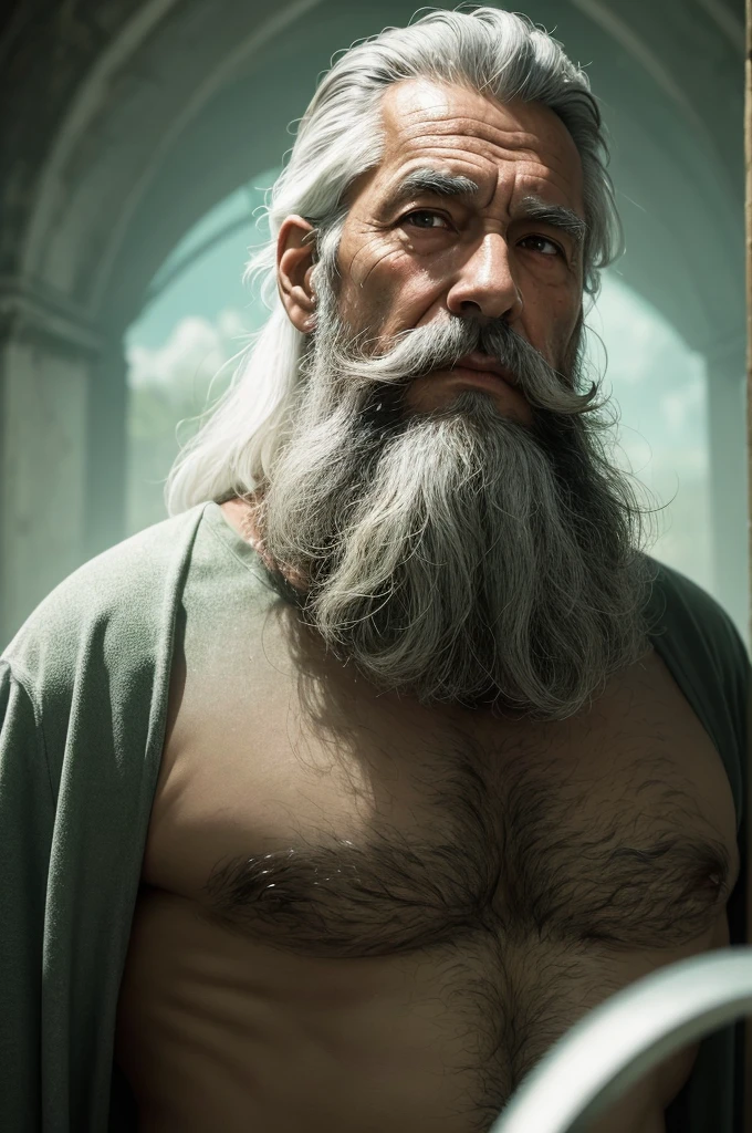 man old, (1 men:1.5), hair grey, black skin, greybeard, gray mustache, greeneyes, staring overhead, otherworldly scenery, Unclothed, From head to chest, aura of green around – An experienced elder, (1.5m high), com hair grey volumosos, aged ash complexion, framed by a thick greybeard and mustache, his expressive greeneyes fixed on the heavens, in an ethereal scene from outer space, reduced to the essentials, captured from head to chest, enveloped in a halo of verdant aura. Gold,
