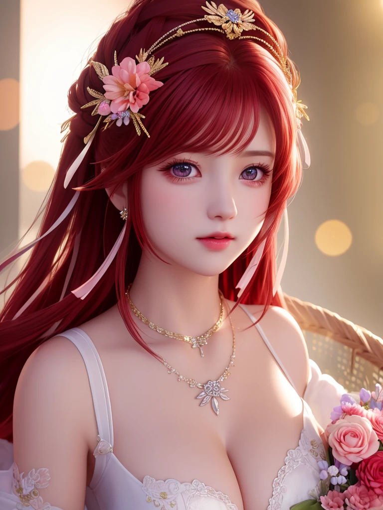 best quality, masterpiece, High target, There is a girl with a basket of flowers on her head, Big breast beauty，Very sexy，beautiful clothes, Hair Decorationss, necklace, Decorations, Pretty Face, When the body, Tyndall effect, Realistic Portraits, Edge lighting, Two-color light, (Very delicate skin:1.2), 8K uhd, Digital SLR Camera, Soft Light, high quality, Volumetric Lighting, Honest, photo, high resolution, 4K, 8K, Bokeh,Big red hair，Pink Eyes.