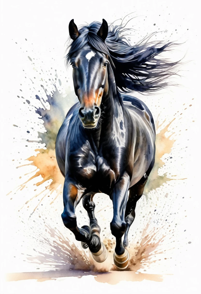 watercolor of a BLACK horse running perspective frontal view,vigorous inertia,details of hair,watercolor splash of pastel colors behind ,white background,artistic image
