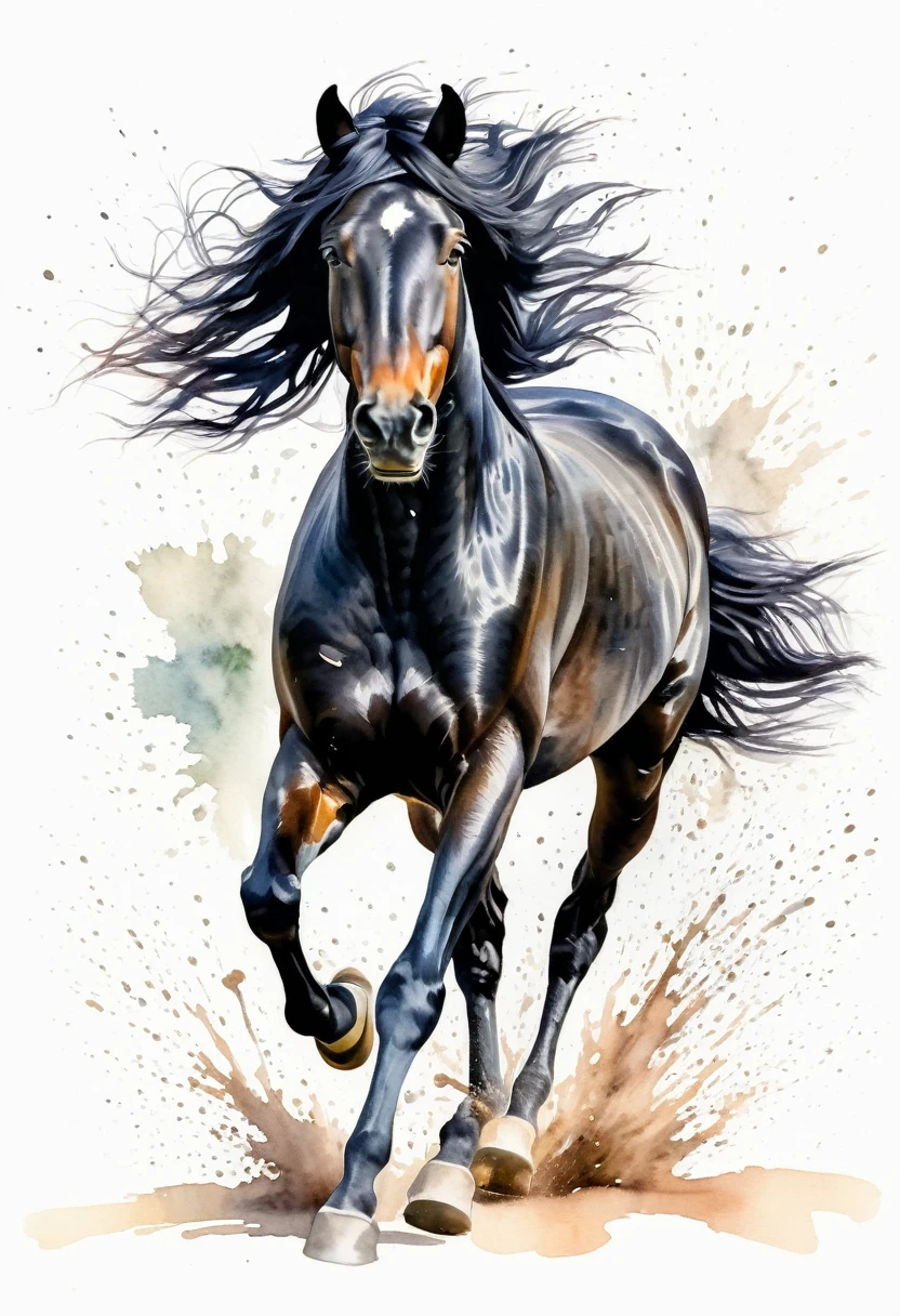 watercolor of a BLACK horse running perspective frontal view,vigorous inertia,details of hair,watercolor splash of pastel colors behind ,white background,artistic image