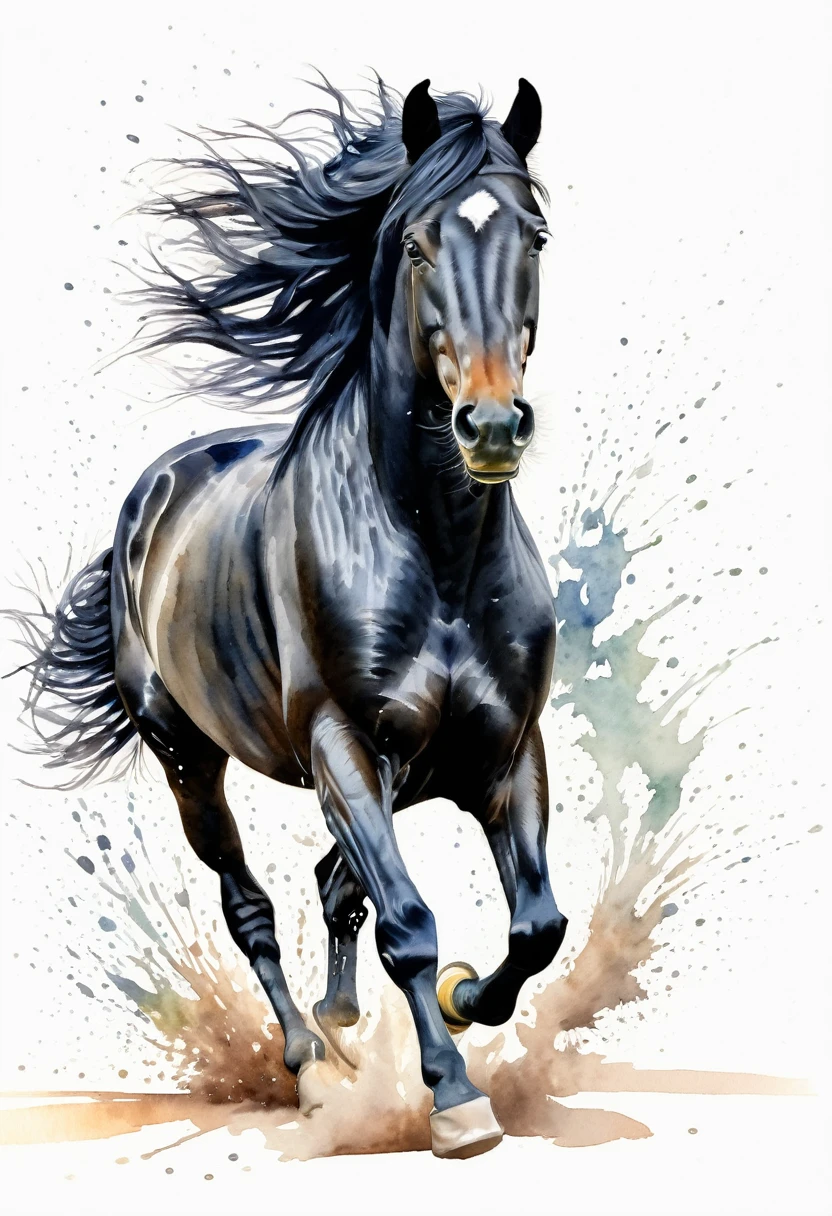 watercolor of a BLACK horse running perspective frontal view,vigorous inertia,details of hair,watercolor splash of pastel colors behind ,white background,artistic image