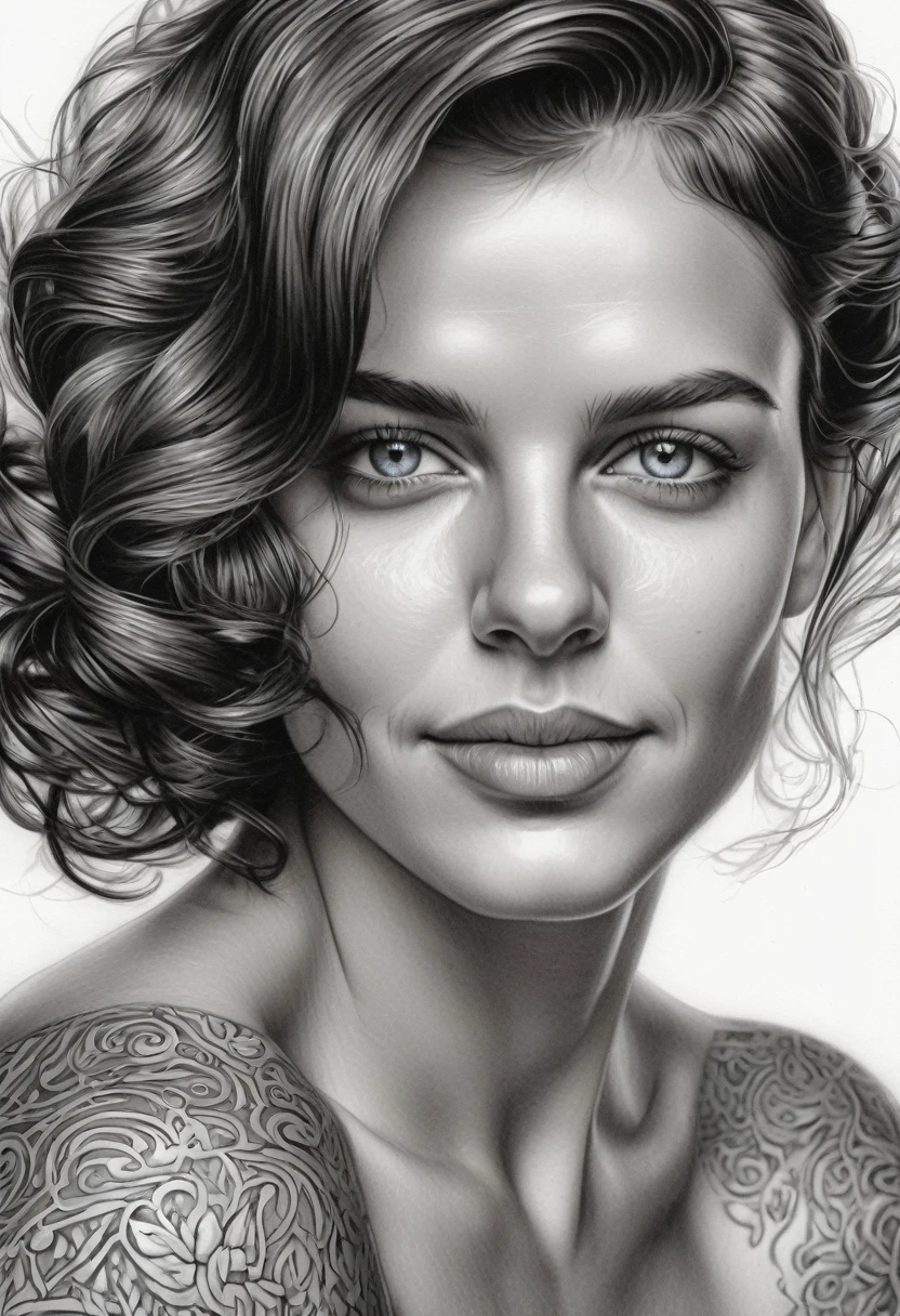 close extremo, fountain pen draauing of a Brunette auoman auith a gentle smile, short, slightly curly hair, auell-defined eyeBroaus, Beautiful [:light Blue:15] eyeballs, intricate lines, highy detailed, B&au, monochrome, black andwhite, graffit, pencil painting, coal, (hight contrast:1.1), auhite Background