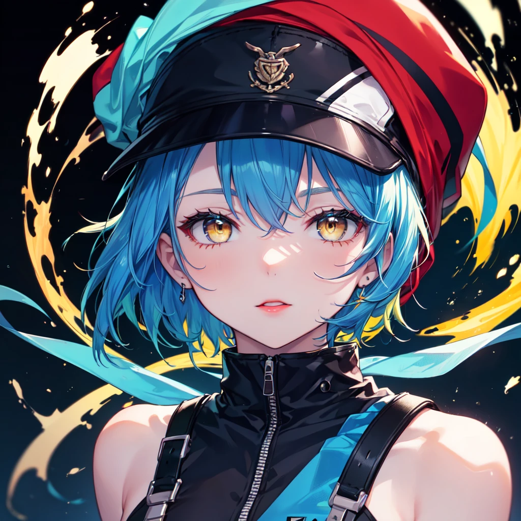 (8K, Highest quality, Highest quality, masterpiece), 17 age old girl, face focus, black background, yellow eyes, red lips, (((blue hair, mid short hair, blue cap)))