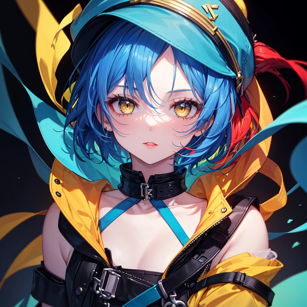 (8K, Highest quality, Highest quality, masterpiece),  girl, face focus, black background, yellow eyes, red lips, (((blue hair, mid short hair, blue cap)))