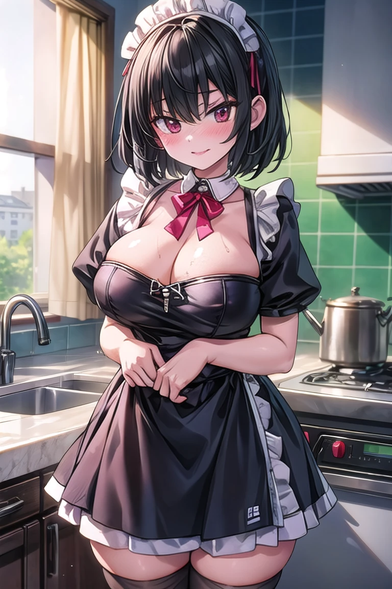 ((((Masterpiece)))), beautiful details, perfect focus, 8K wallpaper, 4320p, high resolution, exquisite texture in every detail, perfect eyes very high detailed, perfect pupils, sclera_eyes_detail, eyes:1.2, human anatomy correct, pastel, hyper_detailed:1.5, (masterpiece), 8k, UHD, high_resolution, very_high_resolution, (sfw:1.5), masterpiece, best quality,1 girl, short hair, black hair, red eyes, wavy_hair, oversized , sagging_breaste_breast, eye_nd, blushing, sexy_smile, exposedssy, kitchen, Maid_Dthighhighs, wet pussy, nervous,
