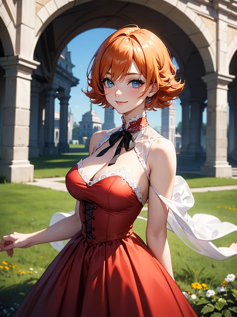 (solo), (red dress), (victorian dress), (smile), pale skin, (pale), outdoors, large breasts, happy, radiant glow, ((cowboy shot)), (holy aura), orange hair, ginger hair, bare shoulders, greenlands, open plains for background