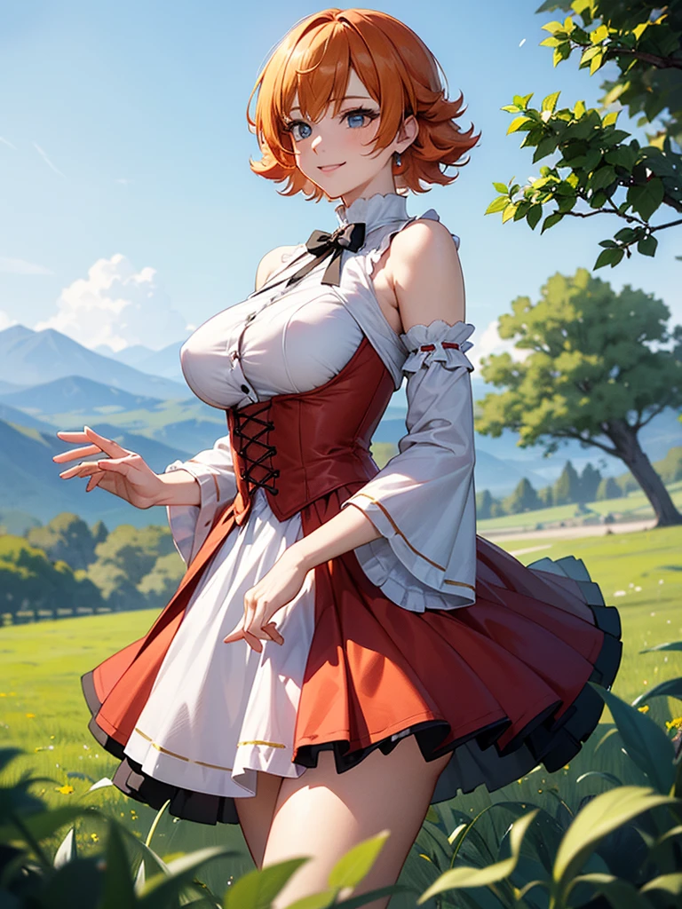 (solo), (red dress), (victorian dress), (smile), pale skin, (pale), outdoors, large breasts, happy, radiant glow, ((cowboy shot)), (holy aura), orange hair, ginger hair, bare shoulders, greenlands, open plains for background