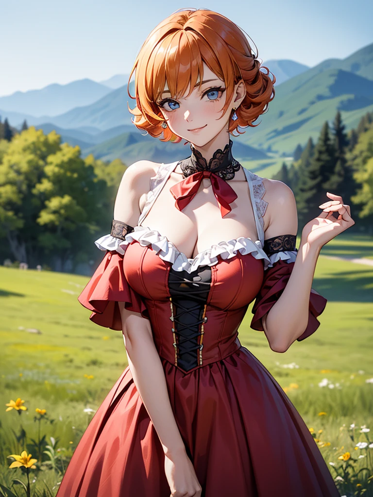 (solo), (red dress), (victorian dress), (smile), pale skin, (pale), outdoors, large breasts, happy, radiant glow, ((cowboy shot)), (holy aura), orange hair, ginger hair, bare shoulders, greenlands, open plains for background