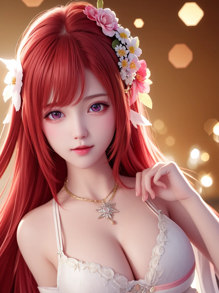 best quality, masterpiece, High target, There is a girl with a basket of flowers on her head, Big breast beauty,Very sexy,Beautiful red dress, Hair Decorationss, necklace, Decorations, Pretty Face, When the body, Tyndall effect, Realistic Portraits, Edge lighting, Two-color light, (Very delicate skin:1.2), 8K uhd, Digital SLR Camera, Soft Light, high quality, Volumetric Lighting, Honest, photo, high resolution, 4K, 8K, Bokeh,Big red hair,Pink Eyes.