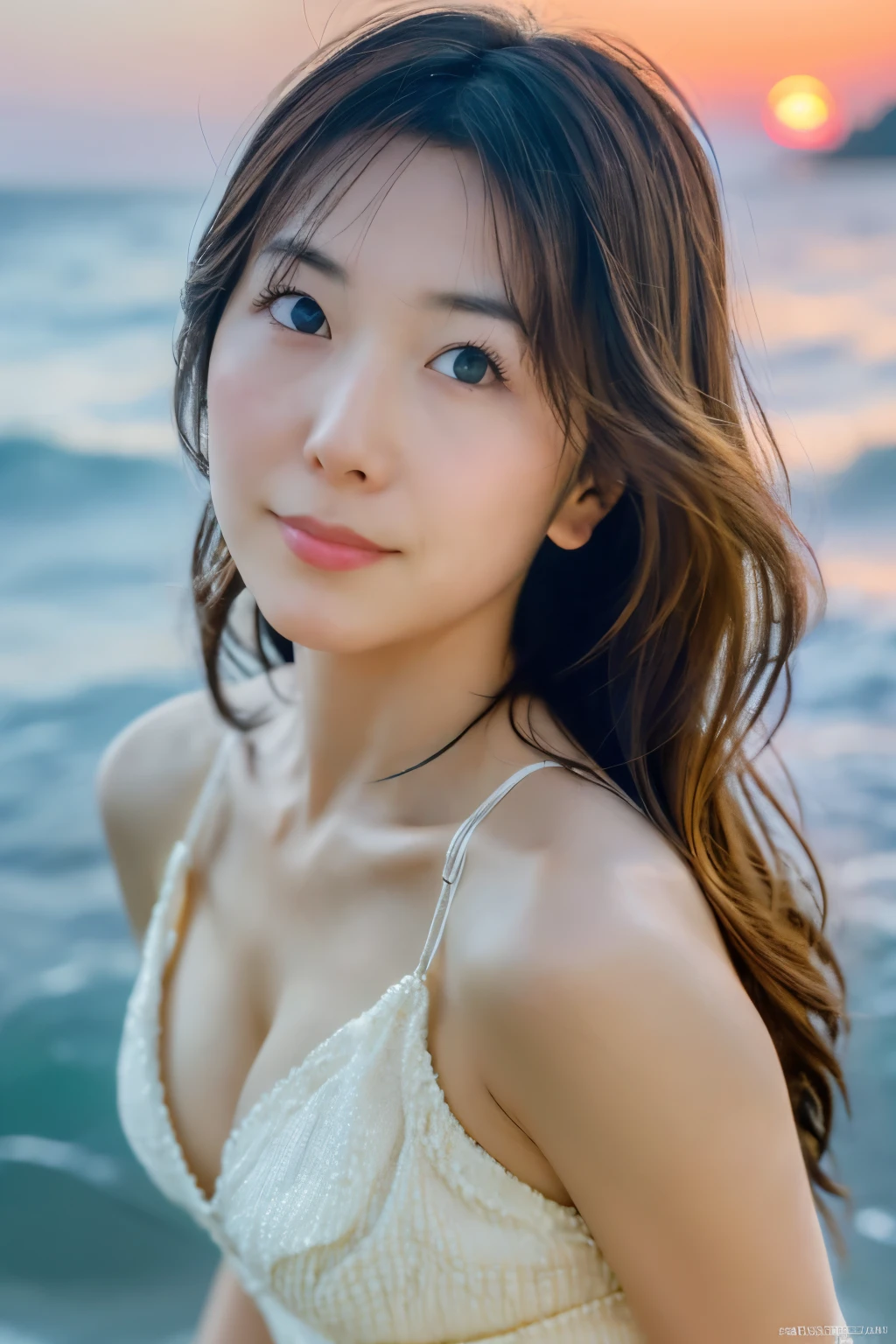 Create a high-quality, hyper-realistic portrait of a very beautiful Japanese idol. She is wearing a clean white summer dress and is squatting on the beach during sunset at sea. The deep indigo of the night sky contrasts with the last vestiges of crimson near the horizon, with swaying waves in the background. The girl has semi-long hair and a slender body with small breasts. The photo should capture her with detailed eyes, a detailed face, and a beautiful, sophisticated nose. The image should have a realistic, delicate, and finely detailed quality, suitable for a fashion magazine cover. Use cinema lighting and soft light to enhance her features. Ensure the photo is of the highest quality, with a resolution of 8K, making it perfect for a 2K wallpaper.