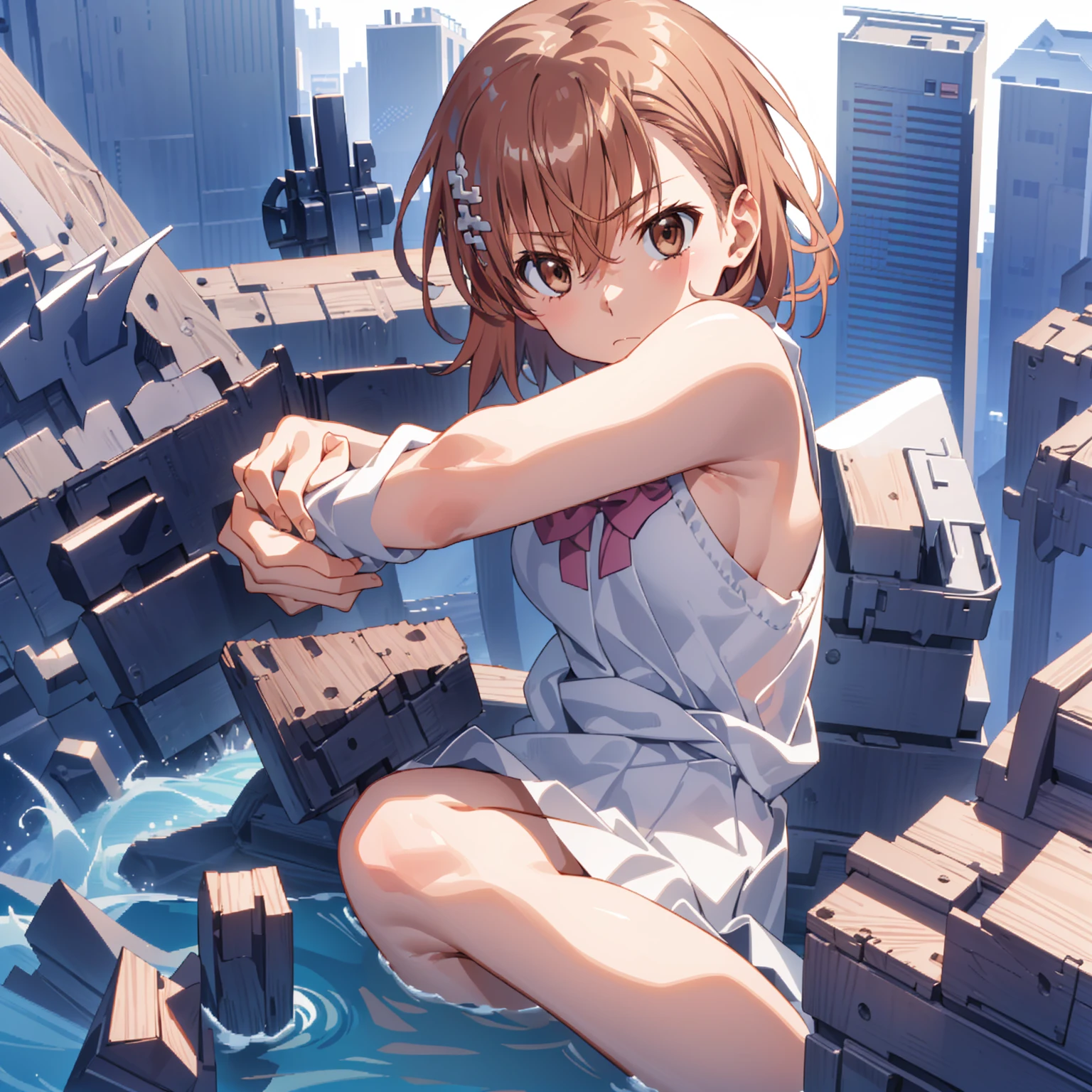 (((pixel-perfect, detail-perfect))), solo, 1girl, misaka mikoto, tokiwadai , bow, looking at viewer, crossed arms, closed mouth, upper body, masterpiece